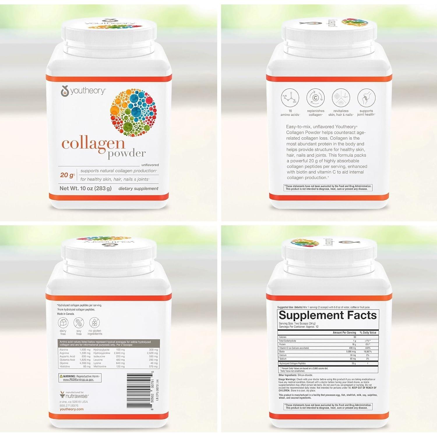 Polvo de Colágeno Youtheory 283.5 g - Hidrolizado Sin Sabor