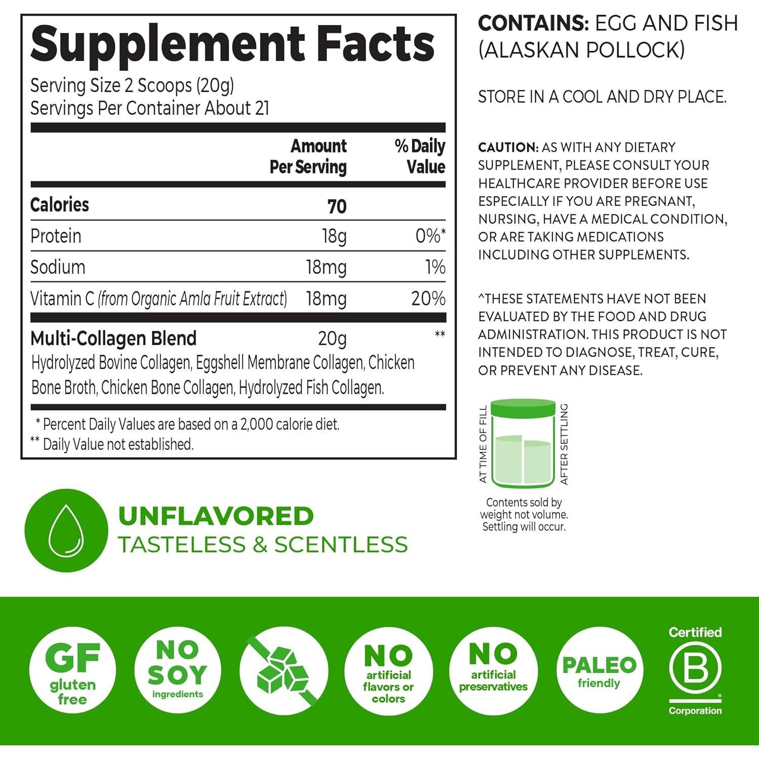 Orgain Multi Colágeno en Polvo 425g - 20g Colágeno Tipo I, II, III, V, X