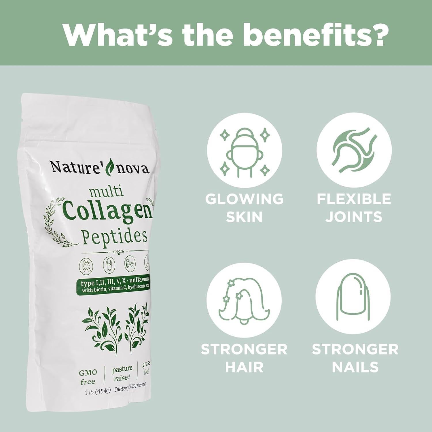 Polvo de Péptidos de Colágeno Múltiple Nature's Nova - Tipo I, II, III, V, X