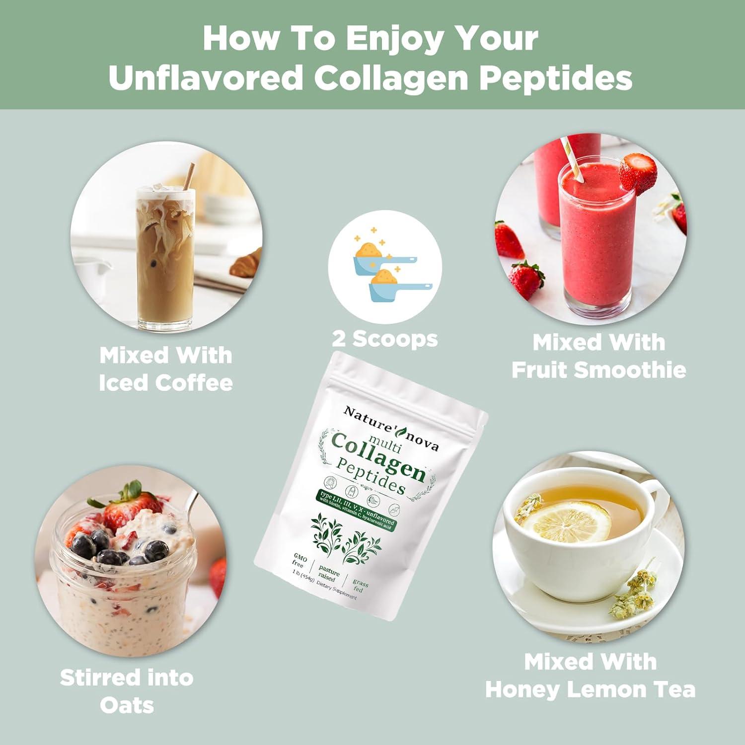 Polvo de Péptidos de Colágeno Múltiple Nature's Nova - Tipo I, II, III, V, X