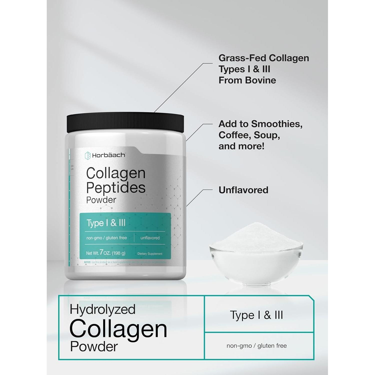 Polvo de Colágeno Horbaach 198g Tipo I y III Sin Sabor