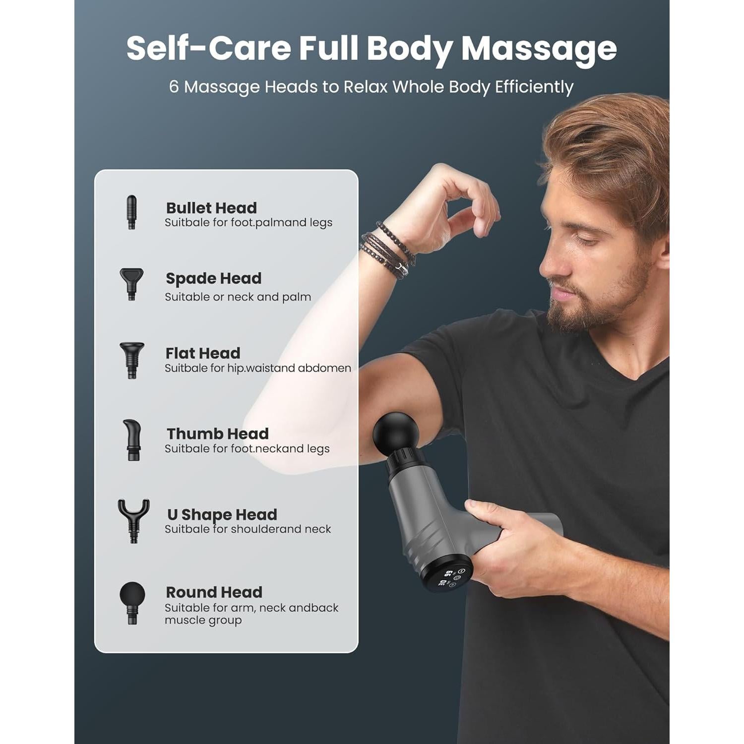 Pistola de Masaje AYURA MG7 Eléctrica 30 Velocidades 6 Cabezas