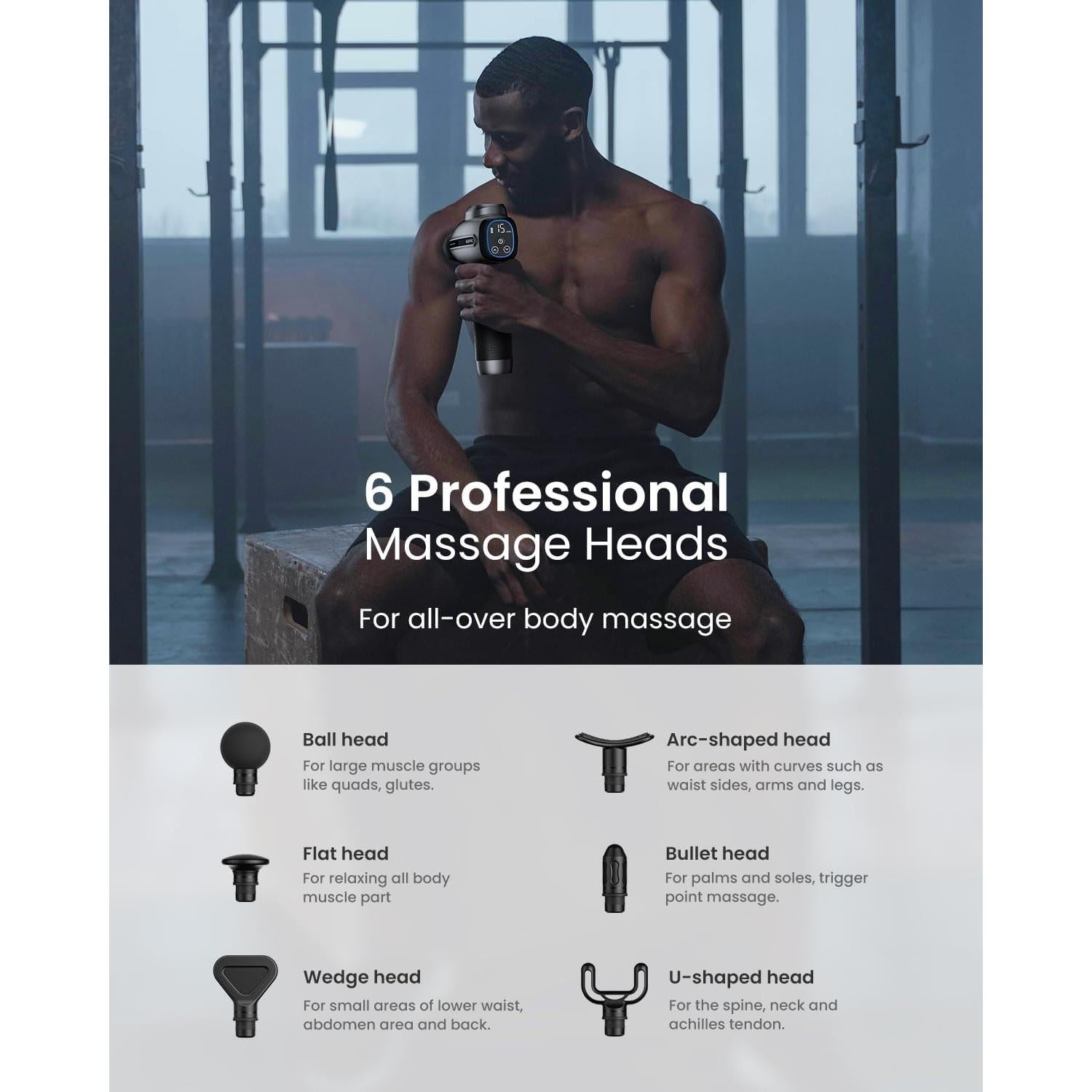 Pistola de Masaje RENPHO R-WMG01, 6 Cabezas, 15 Velocidades