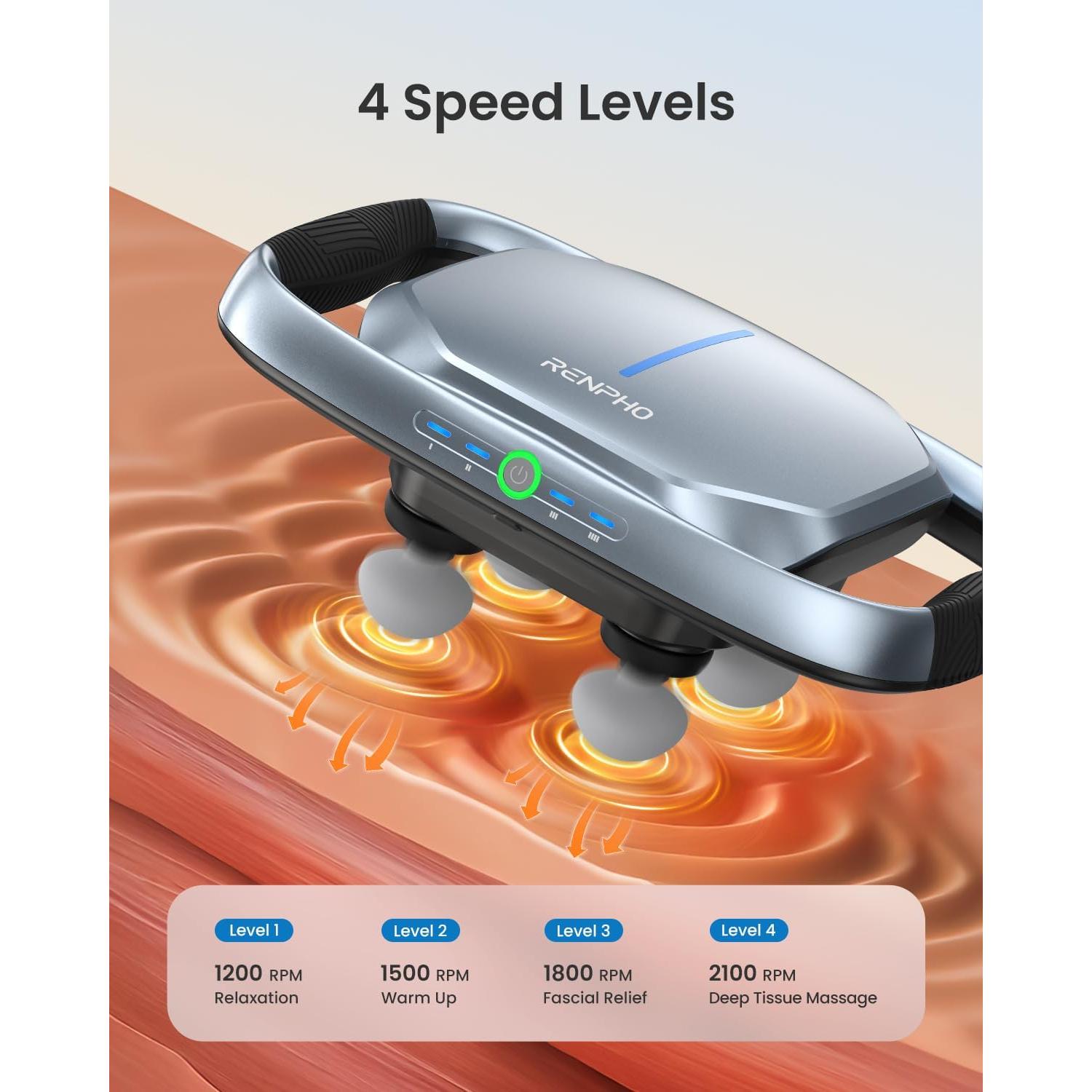 Pistola de Masaje RENPHO PUK-R-WMG11-GY, 4 Cabezas, 12V