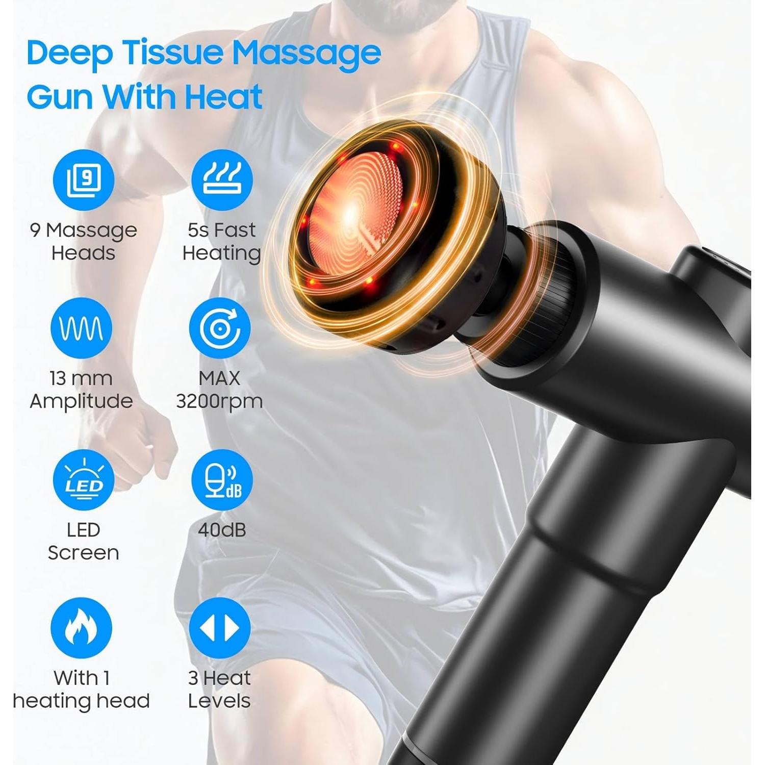 Pistola de Masaje JOYSUWERUN QR-8UQM-Z3Y9 con Calor y 9 Cabezas
