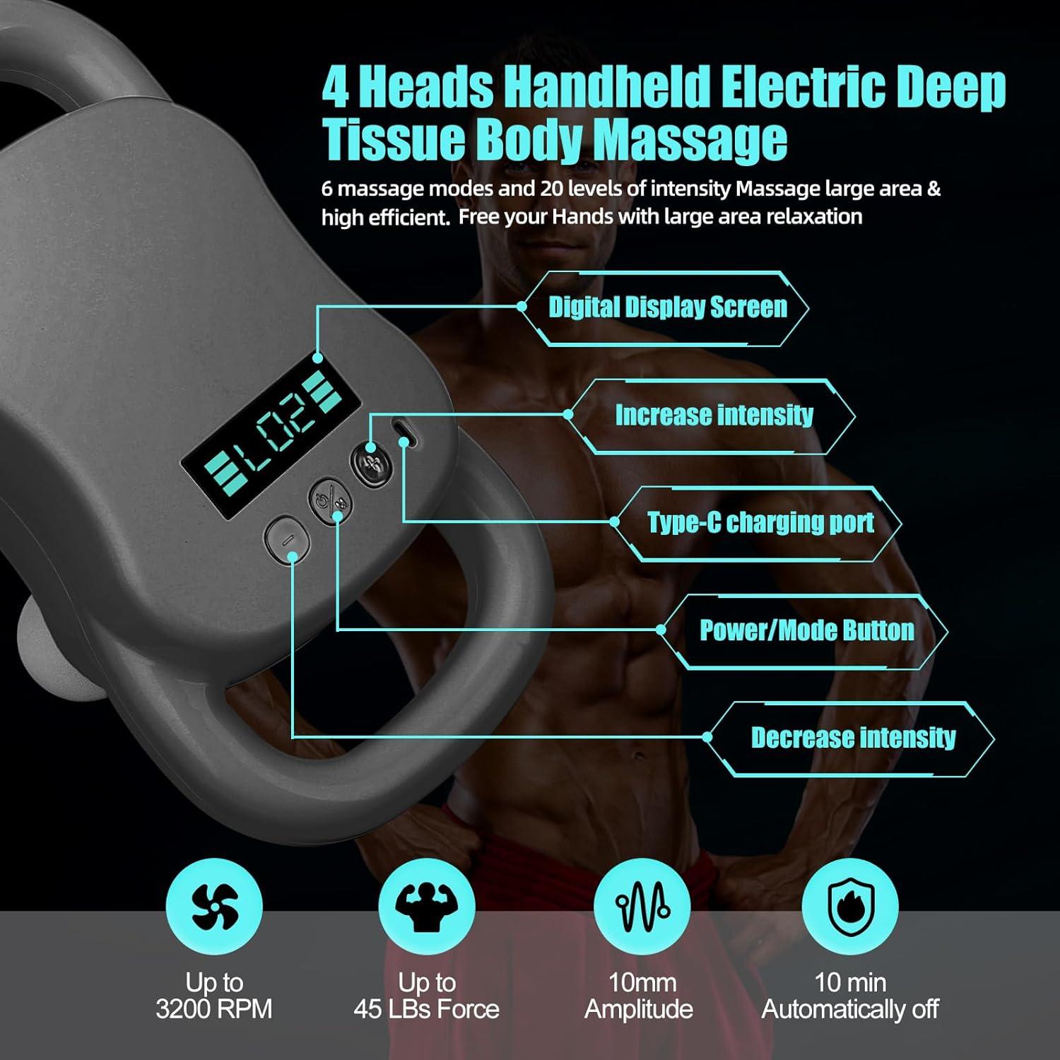 Pistola de Masaje DEITY HY-ST-2024, 4 Cabezas, 20 Velocidades