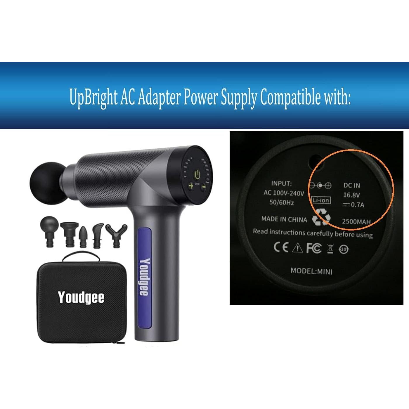 Adaptador de CA UpBright 16.8V para Pistola de Masaje Youdgee H1