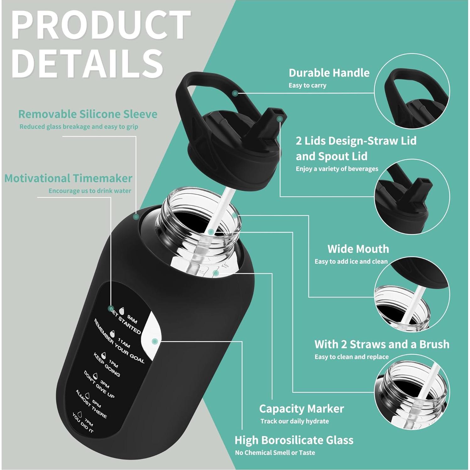 Botella de Agua de Vidrio CIVAGO 1.81L con Pajilla y Asa