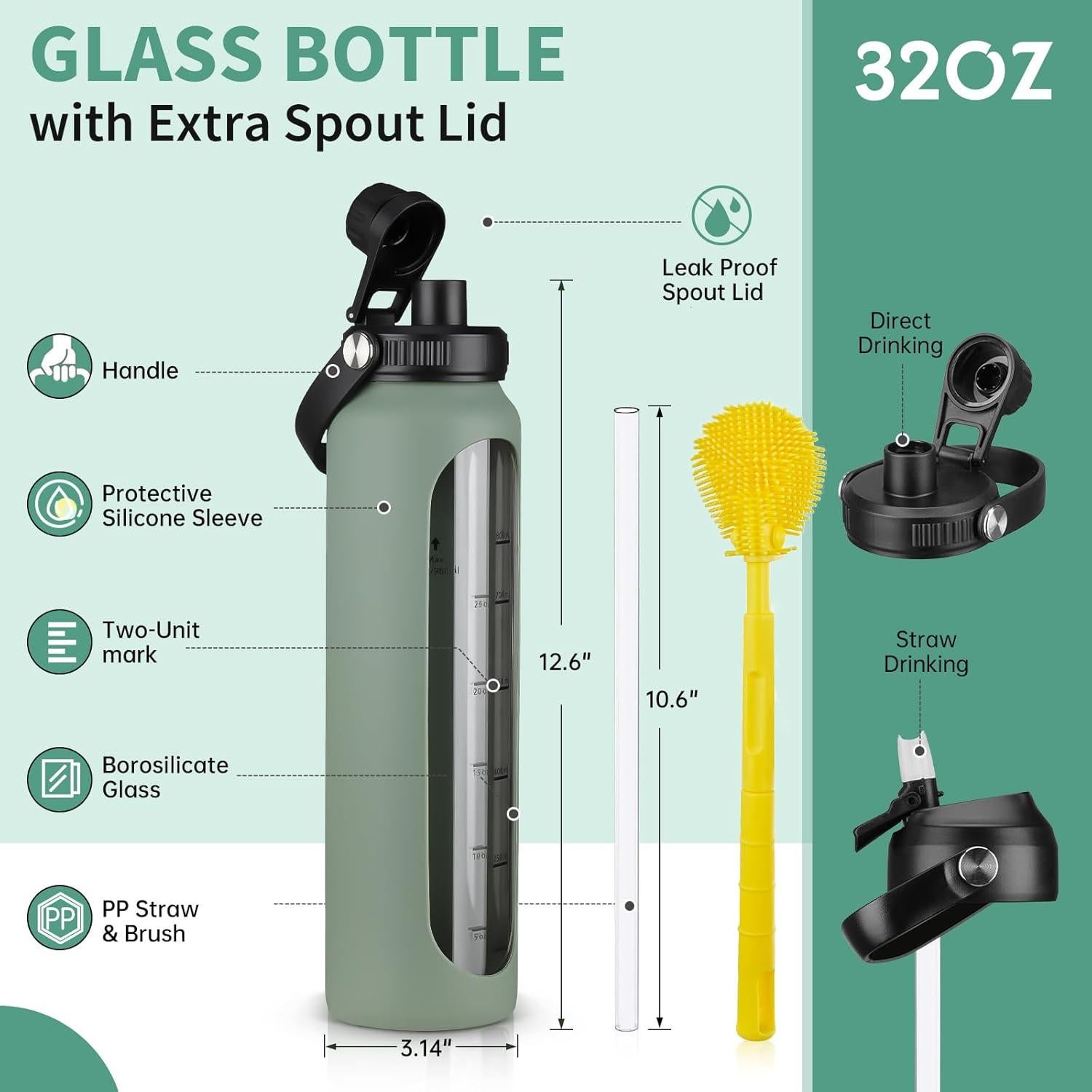 Botella de Agua de Vidrio Sierozur 1 Litro con 2 Tapas