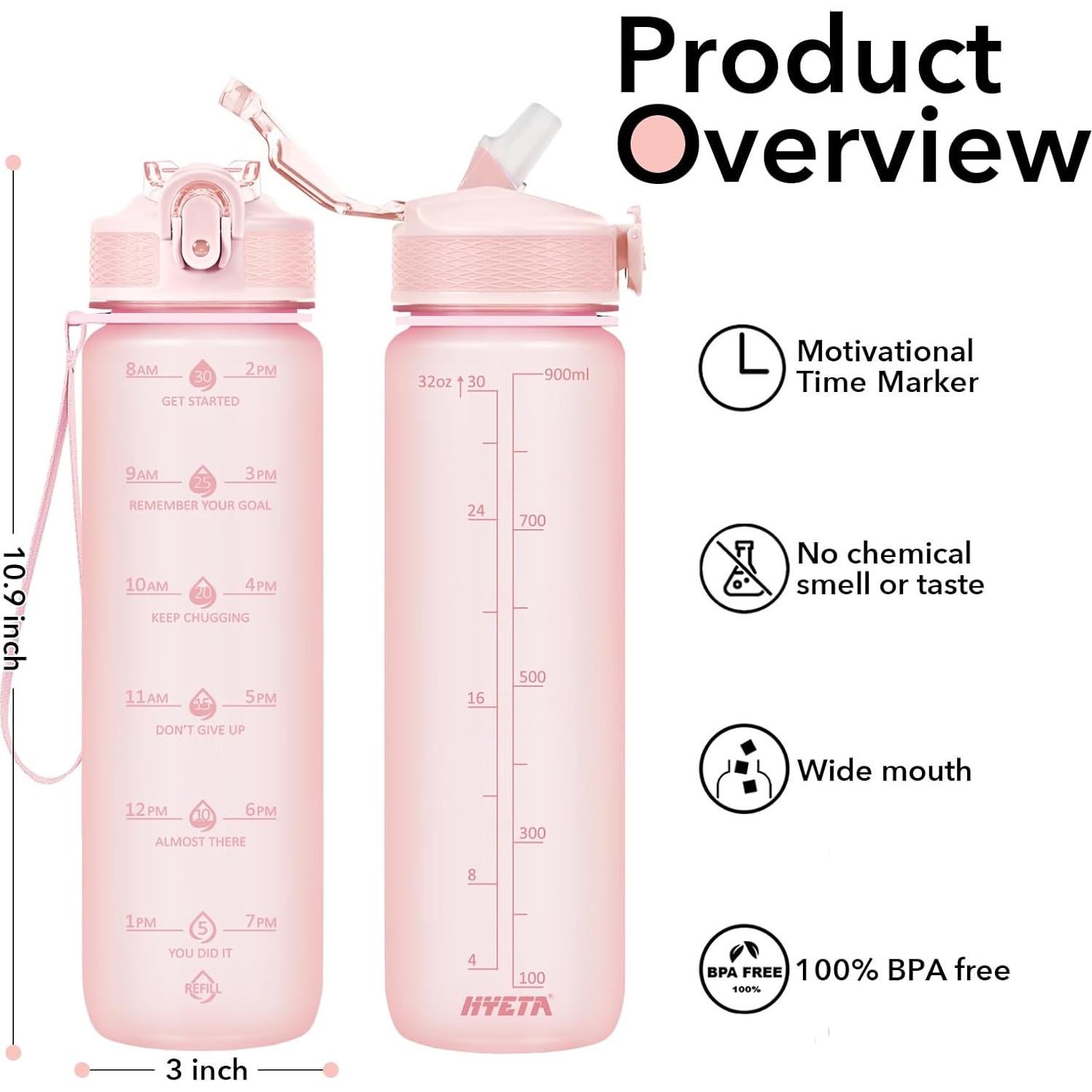 Botella de Agua Hyeta 0.91L con Pajilla y Citas Motivacionales