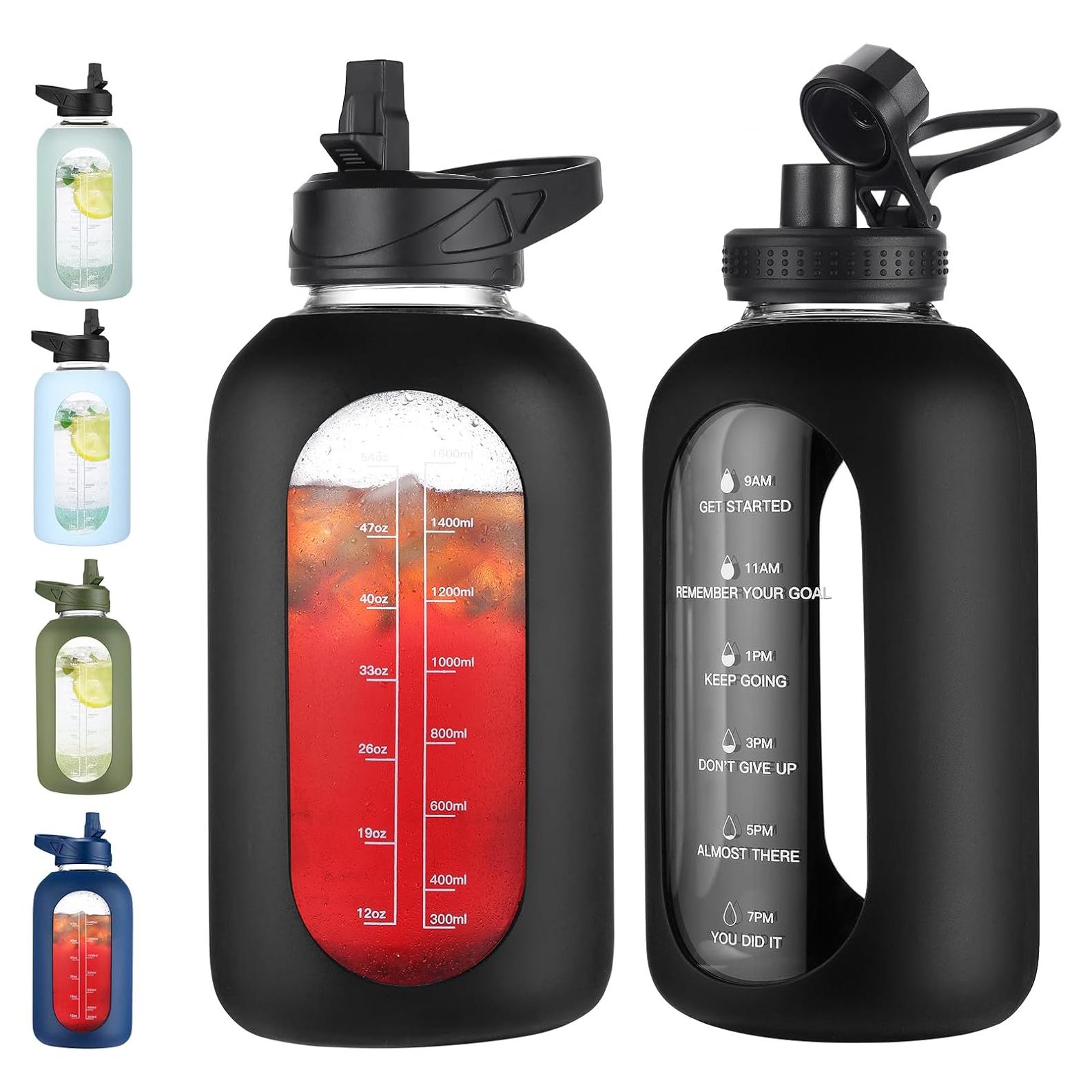 Botella de Agua de Vidrio EALGRO 1.89L con Pajilla y Asa Negra