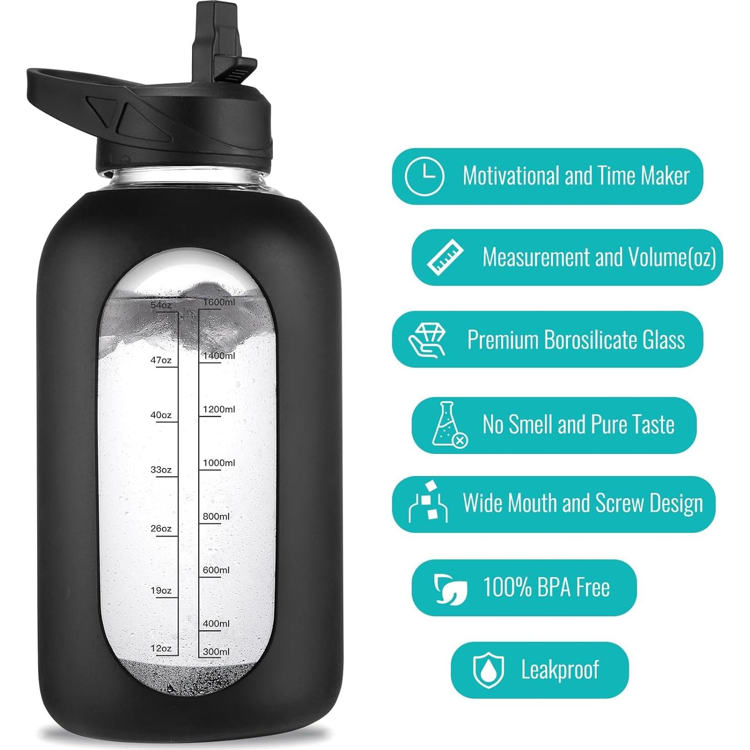 Botella de Agua de Vidrio EALGRO 1.89L con Pajilla y Asa Negra