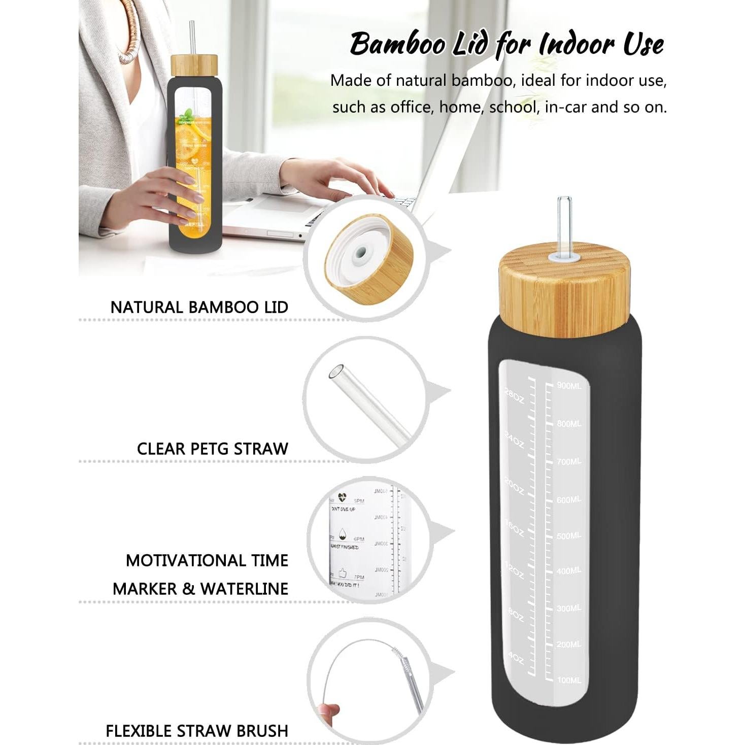 Botella de Agua de Vidrio Nefeeko 1L con Pajilla y Tapa de Bambú