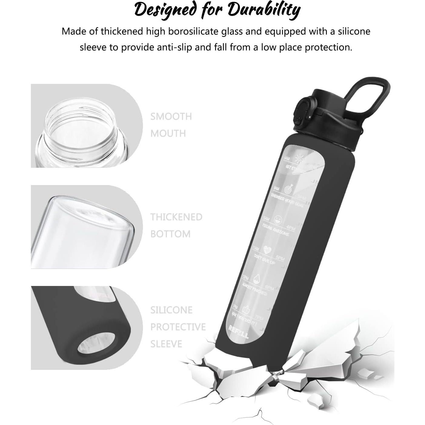 Botella de Agua de Vidrio Nefeeko 1L con Pajilla y Tapa de Bambú