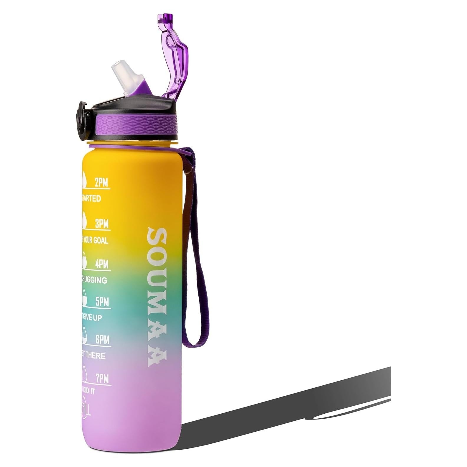 Botella de Agua Motivacional SOUMAA 1L con Popote y Marcadores