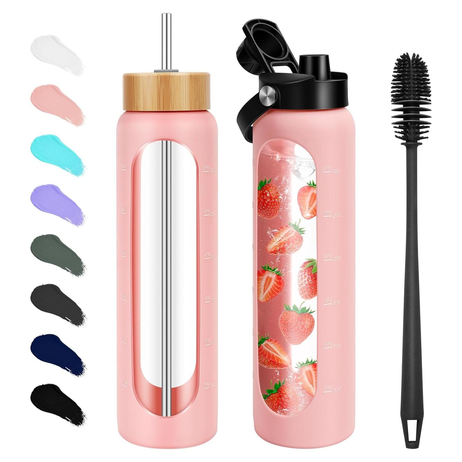 Botella de Agua de Vidrio Borosilicato FULBEVY 1L Rosa con 2 Tapas