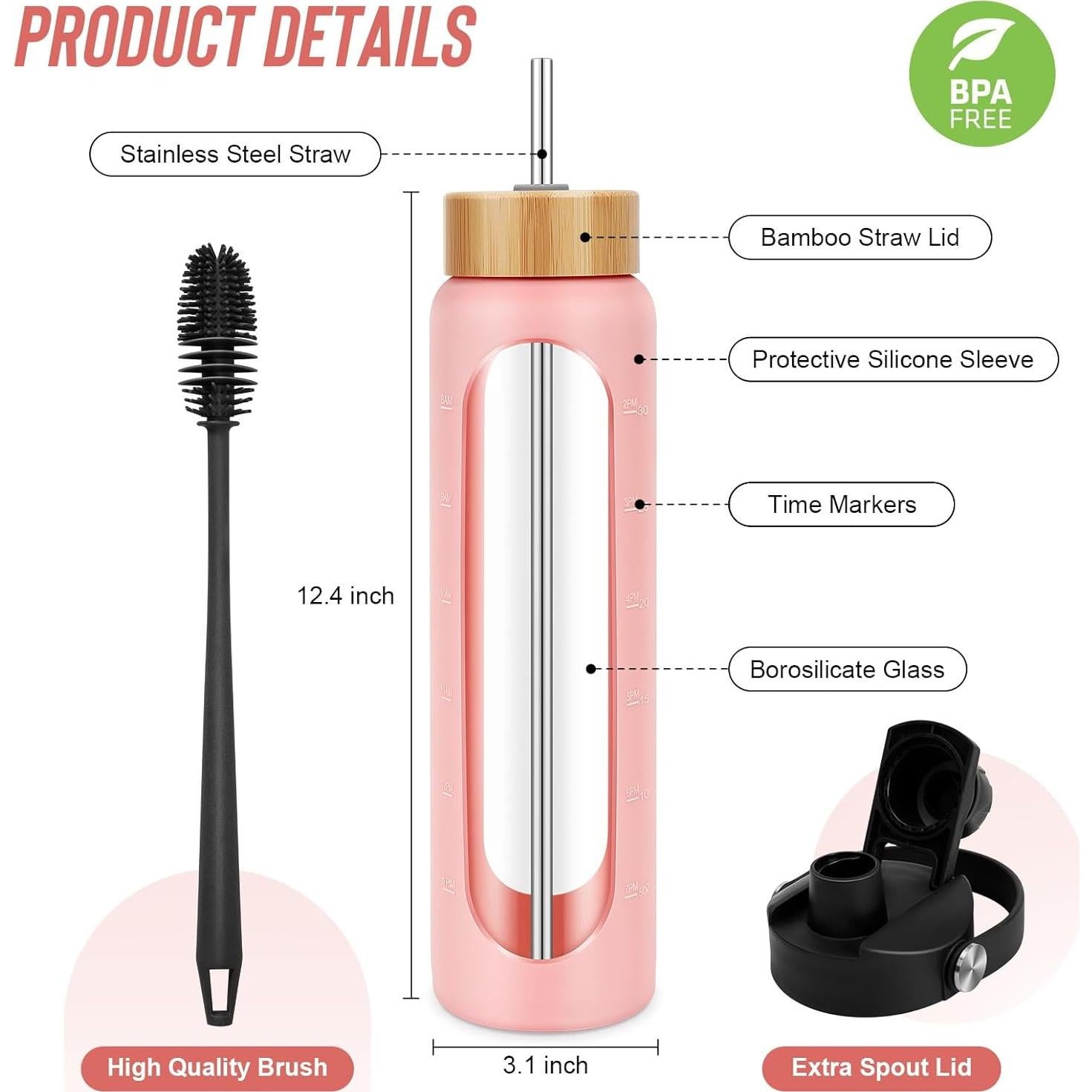 Botella de Agua de Vidrio Borosilicato FULBEVY 1L Rosa con 2 Tapas