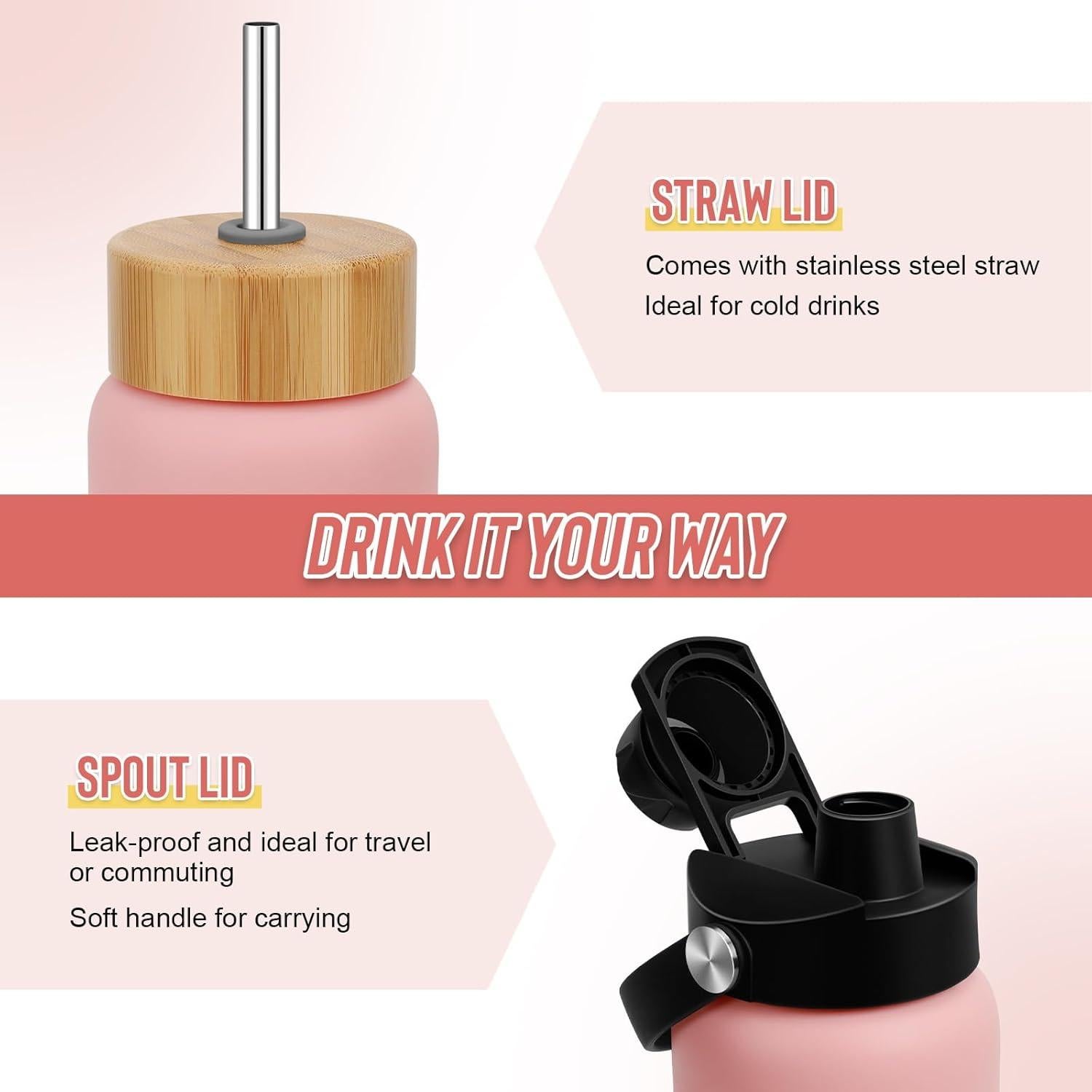 Botella de Agua de Vidrio Borosilicato FULBEVY 1L Rosa con 2 Tapas