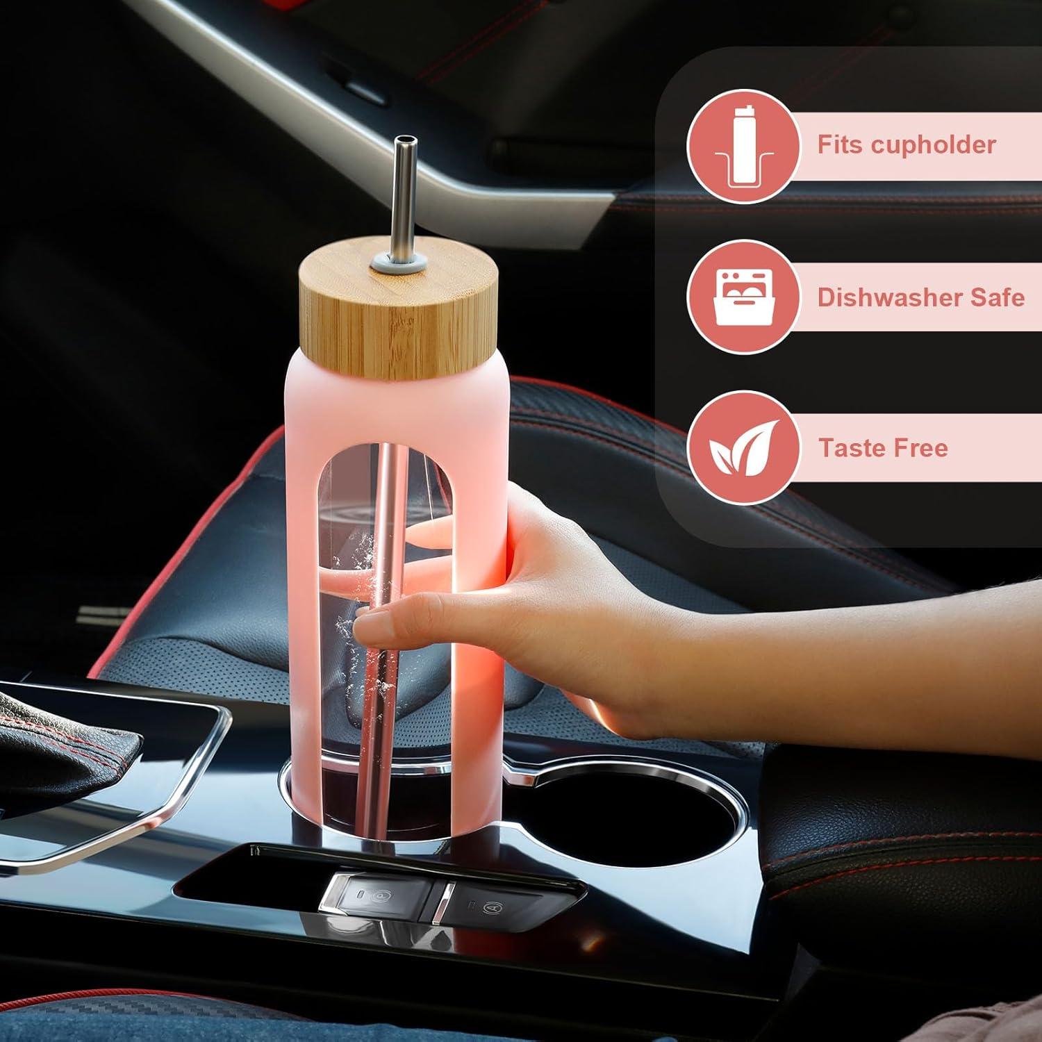 Botella de Agua de Vidrio Borosilicato FULBEVY 1L Rosa con 2 Tapas