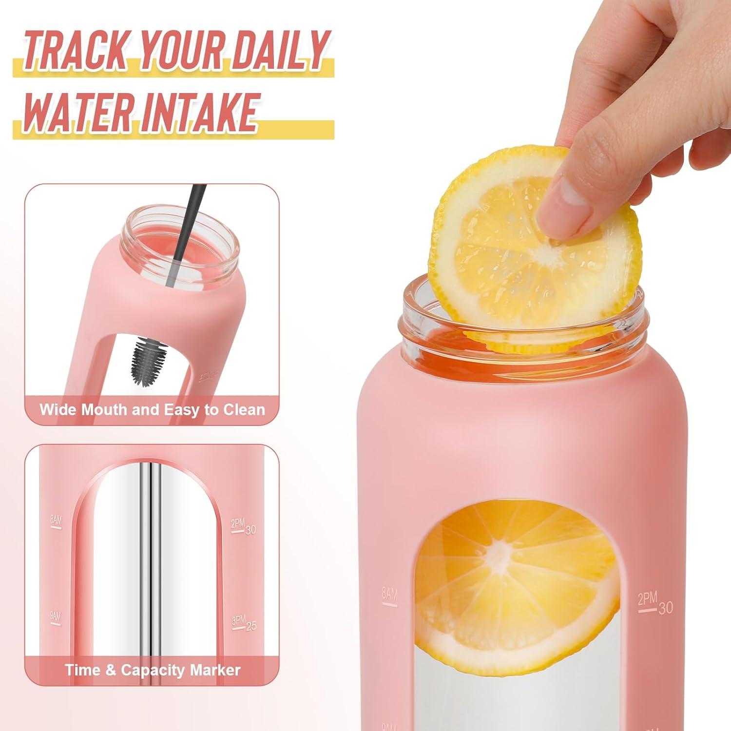 Botella de Agua de Vidrio Borosilicato FULBEVY 1L Rosa con 2 Tapas