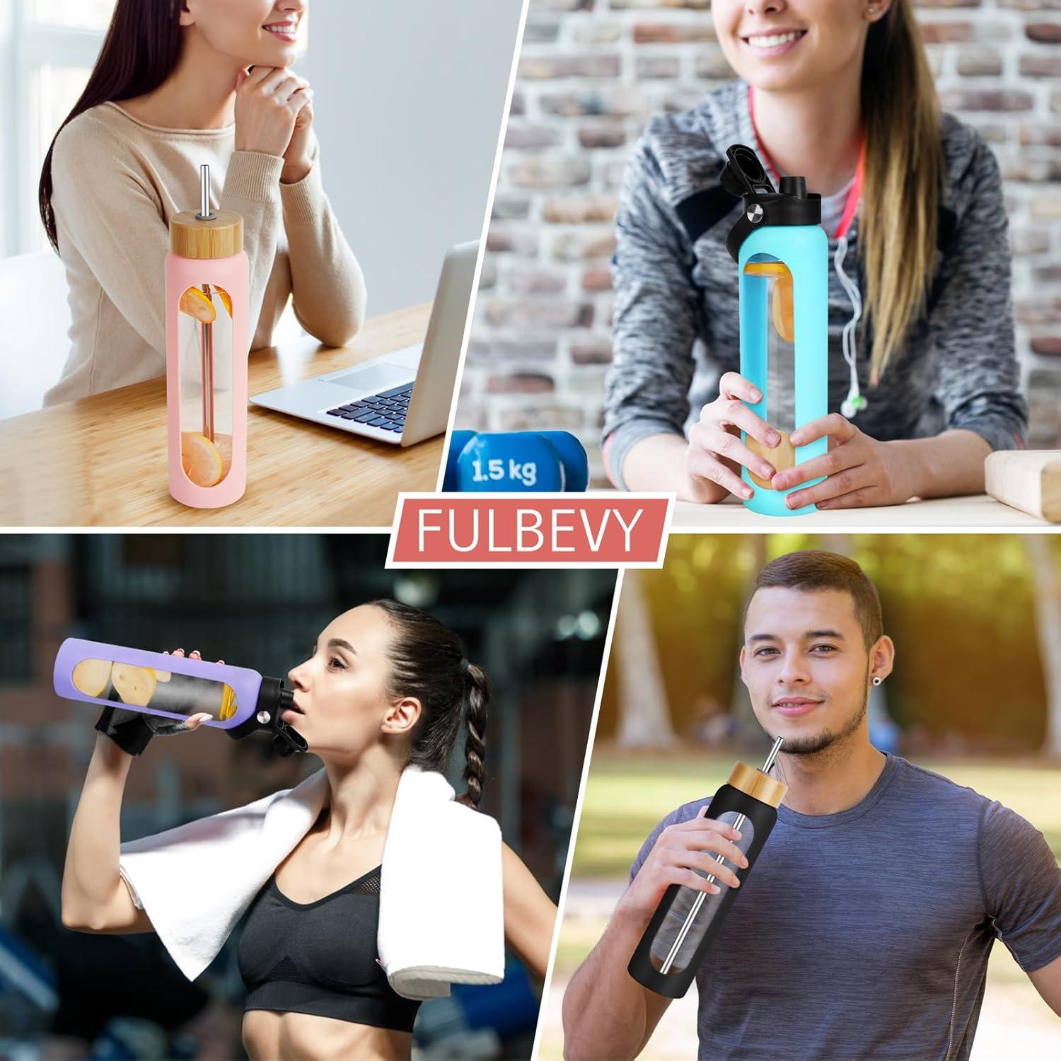 Botella de Agua de Vidrio Borosilicato FULBEVY 1L Rosa con 2 Tapas