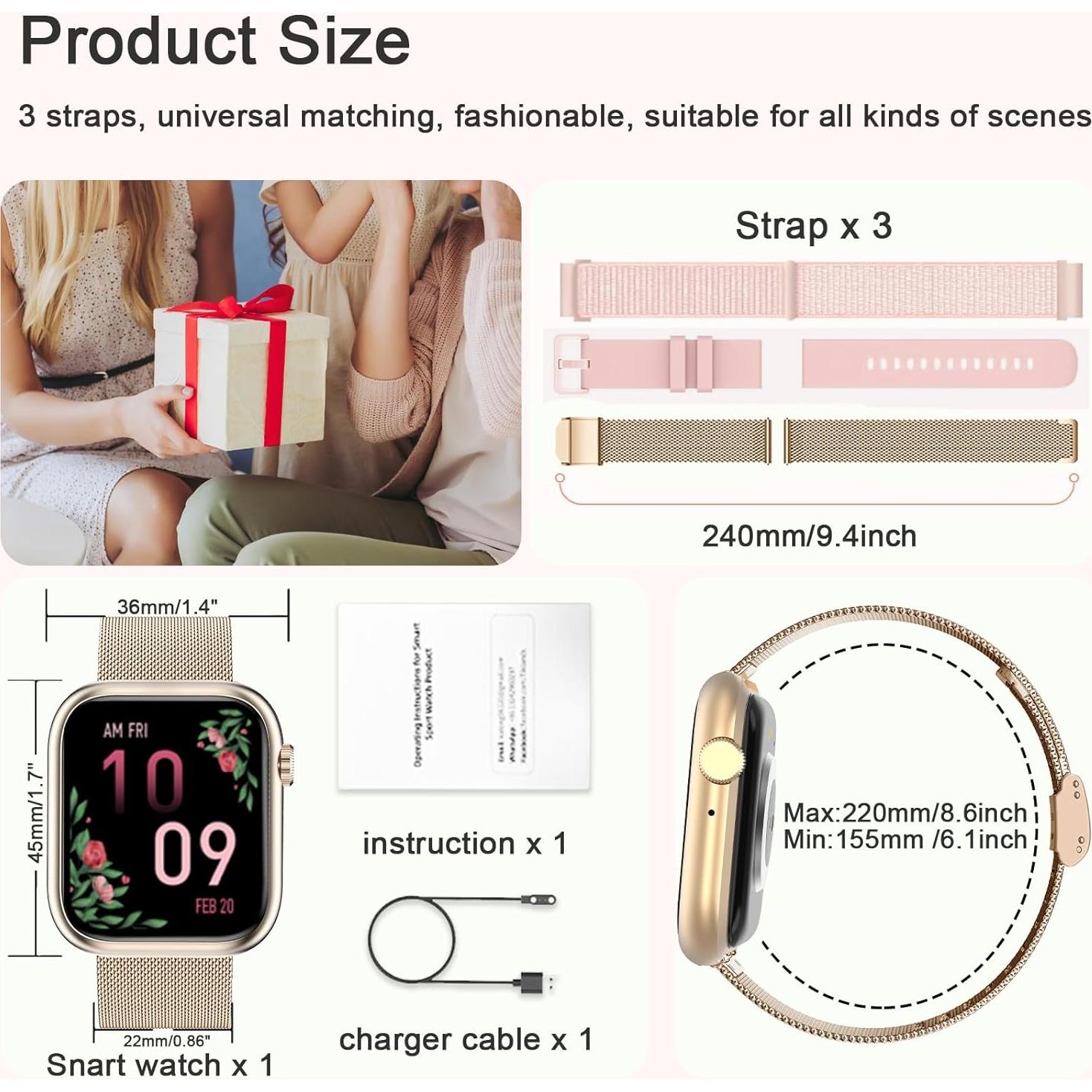 Reloj Inteligente GADIXY para Mujeres Rosa Dorado 1.83" HD