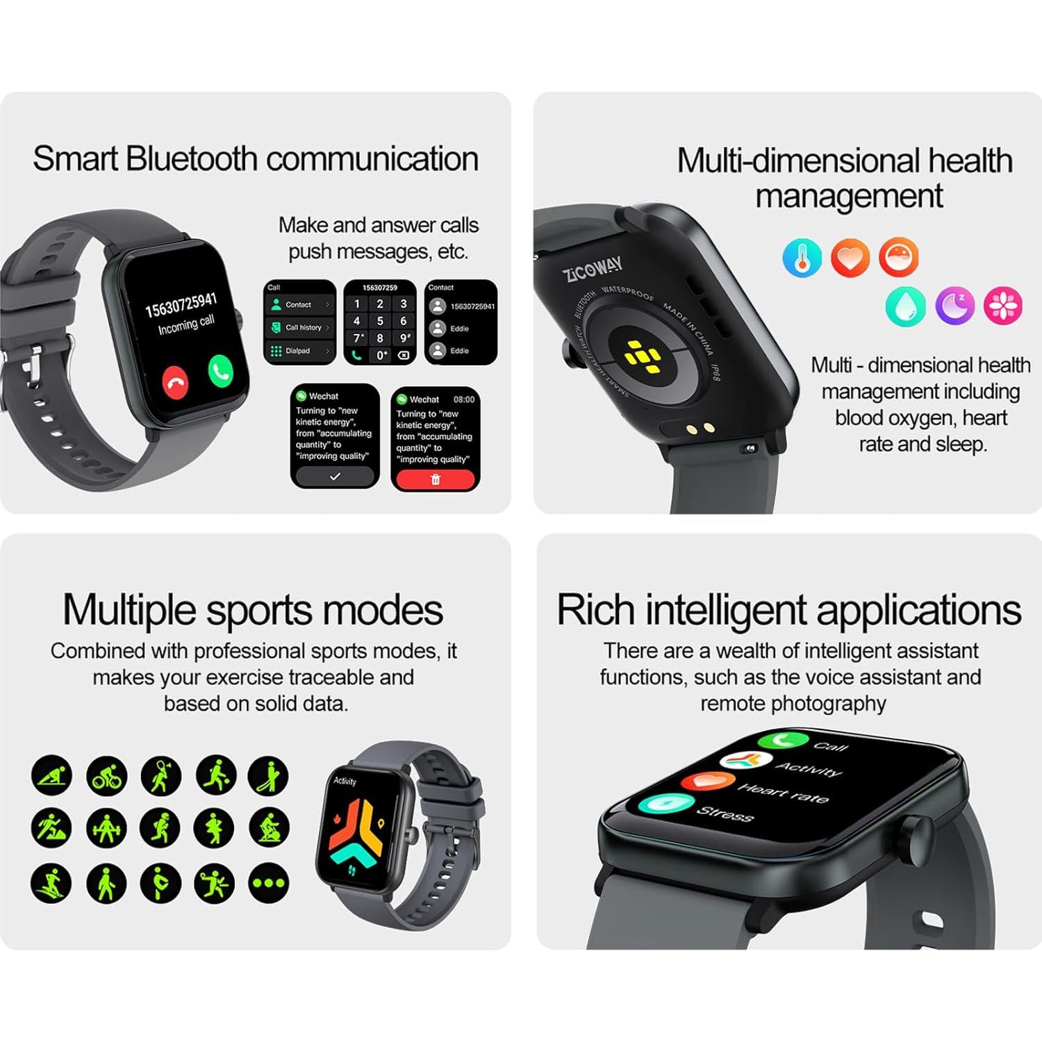 Reloj Inteligente Zicoway H5 para Mujeres y Hombres - Monitoreo de Salud IP68