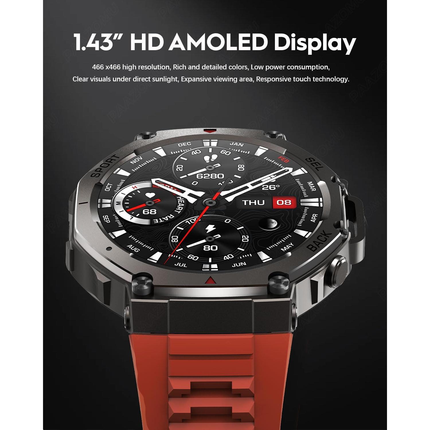 Reloj Inteligente Deportivo PAAZOMU Rojo 50M GPS AMOLED 170+ Modos