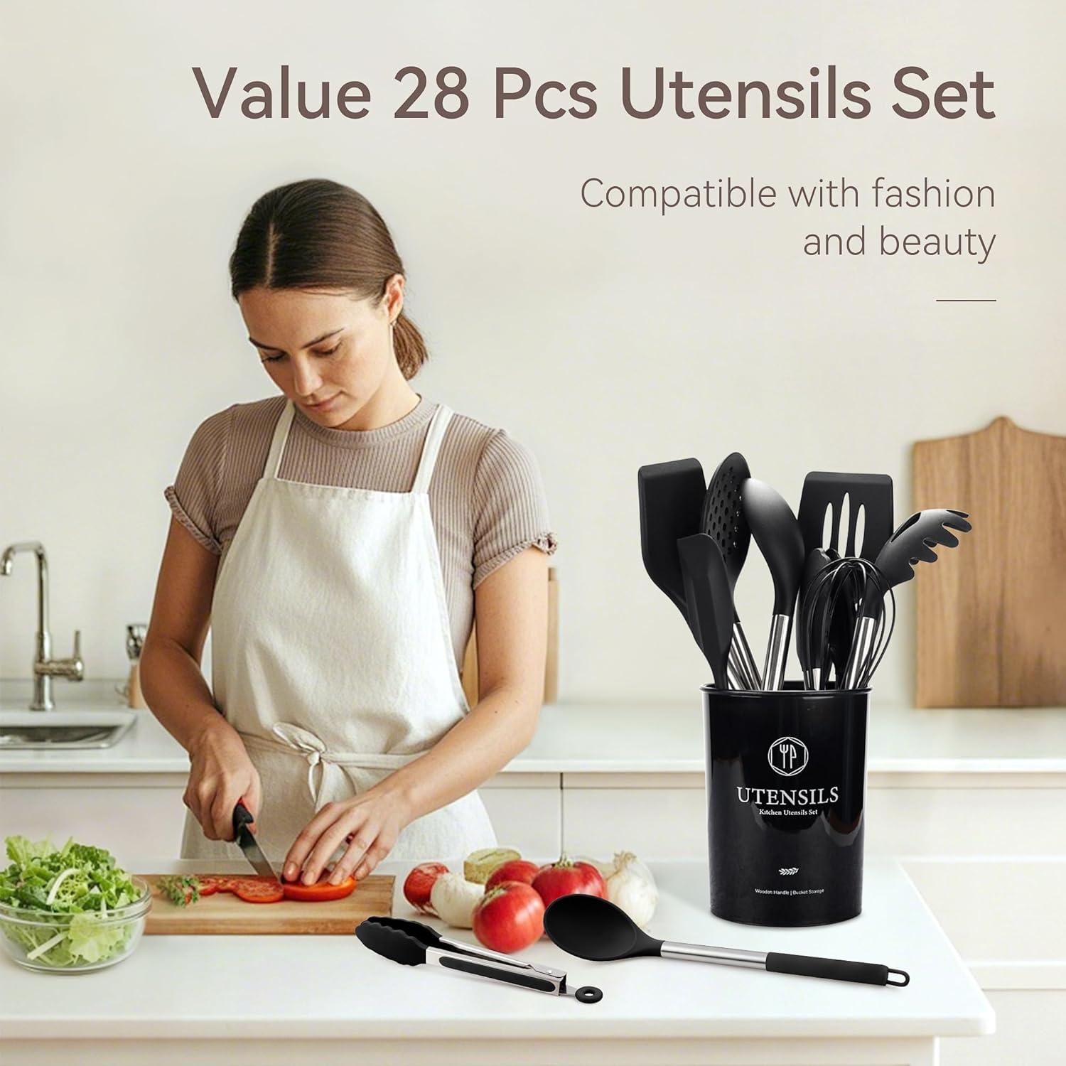 Juego de Utensilios de Cocina NCUE 28 Piezas Silicona Acero Inoxidable