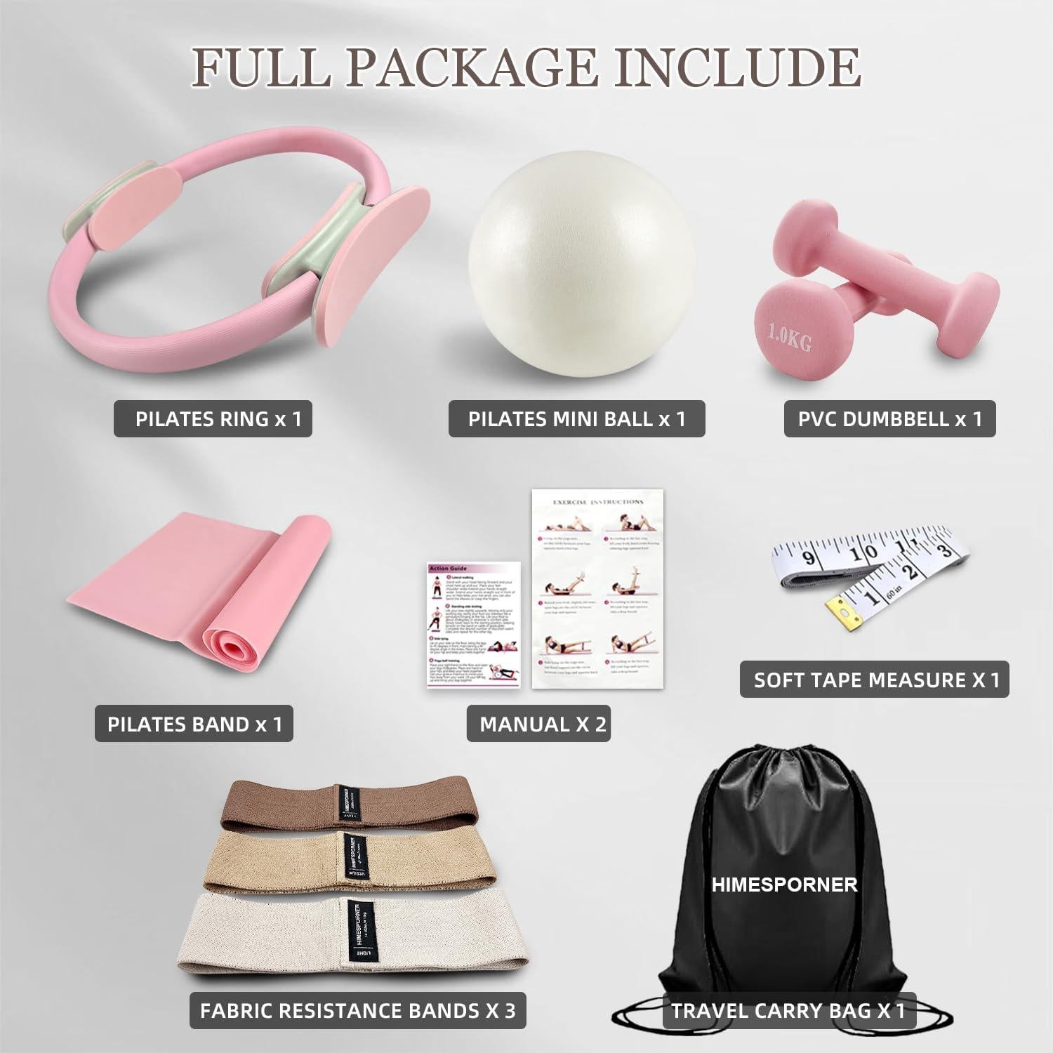 Kit de Pilates 9 Piezas HIMESPORNER - Anillo, Pelota, Mancuernas y Bandas