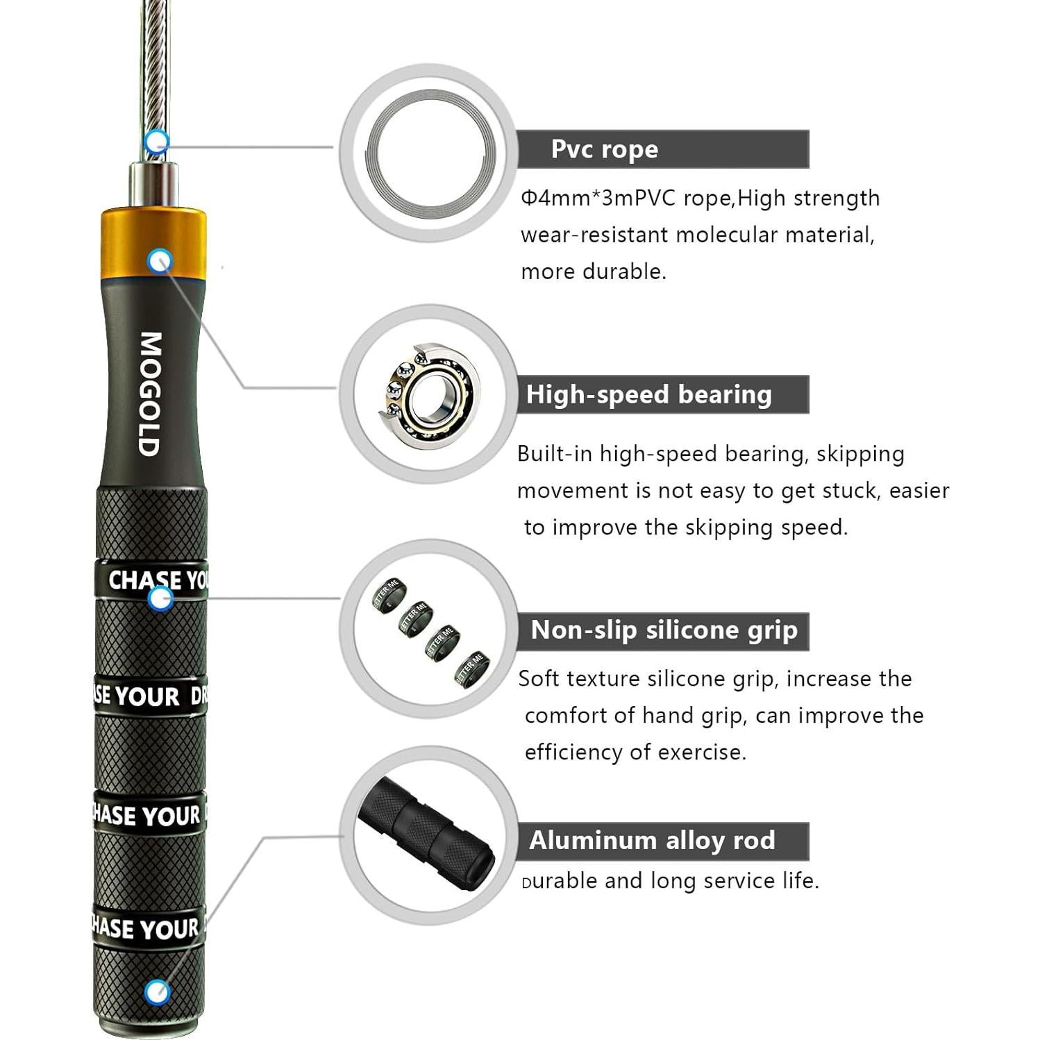 Cuerda de Salto Ajustable MOGOLD 3m - Acero PVC Antideslizante