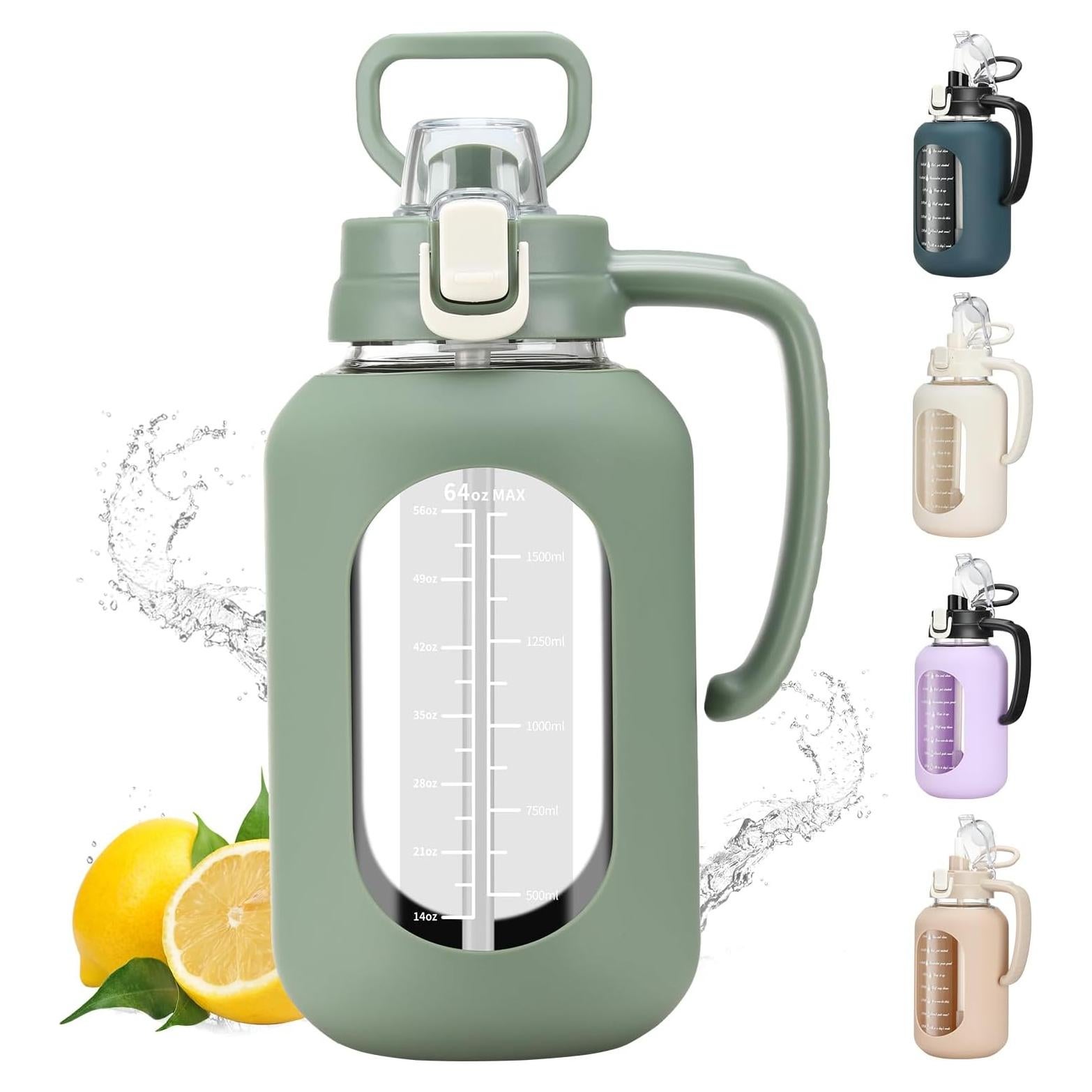 Botella de Agua de Vidrio 64 oz Olivego con Pajilla y Manga