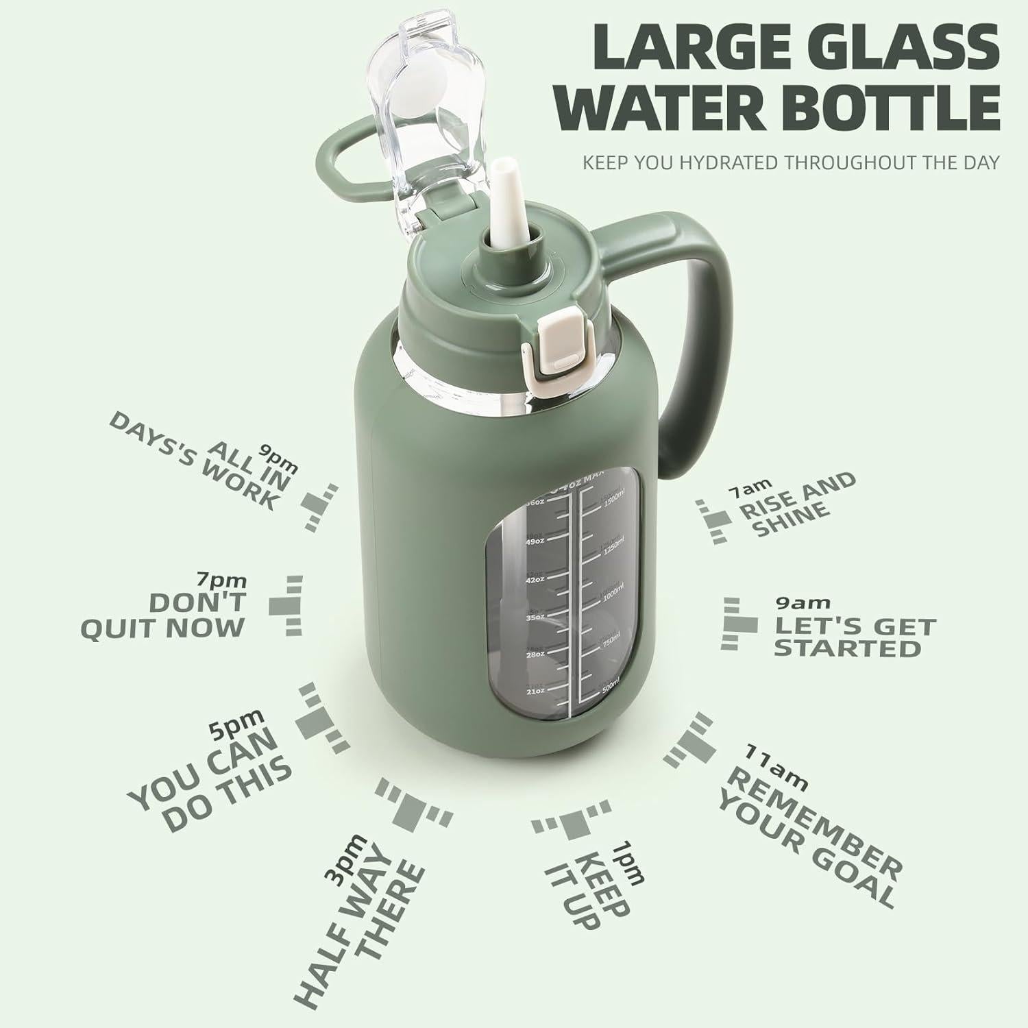 Botella de Agua de Vidrio 64 oz Olivego con Pajilla y Manga