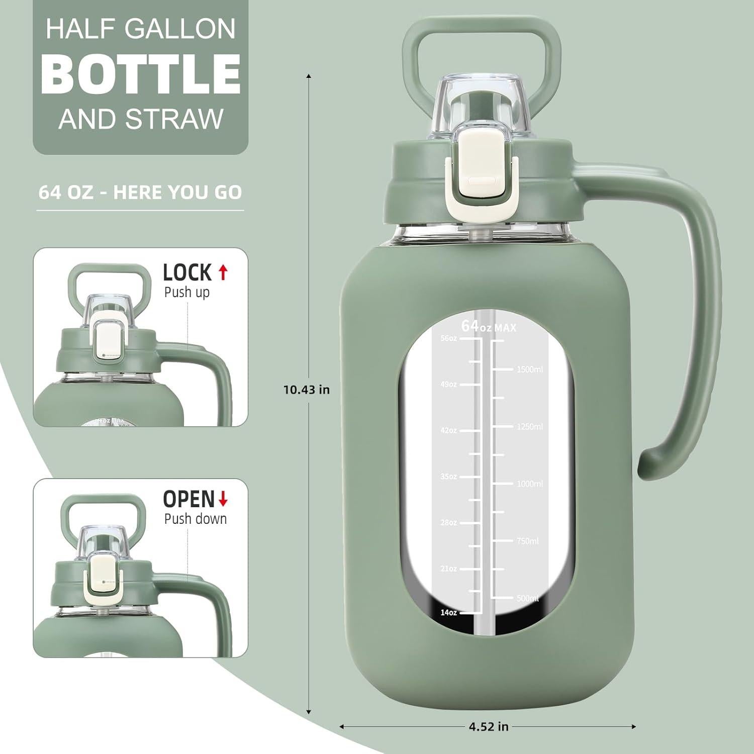 Botella de Agua de Vidrio 64 oz Olivego con Pajilla y Manga