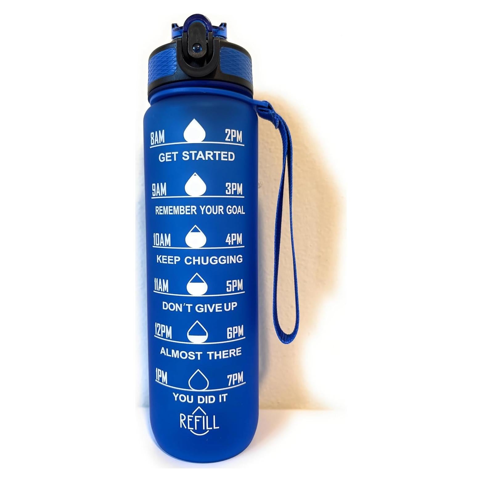 Botella de Agua Deportiva Genérica 1L con Marcadores de Tiempo Azul