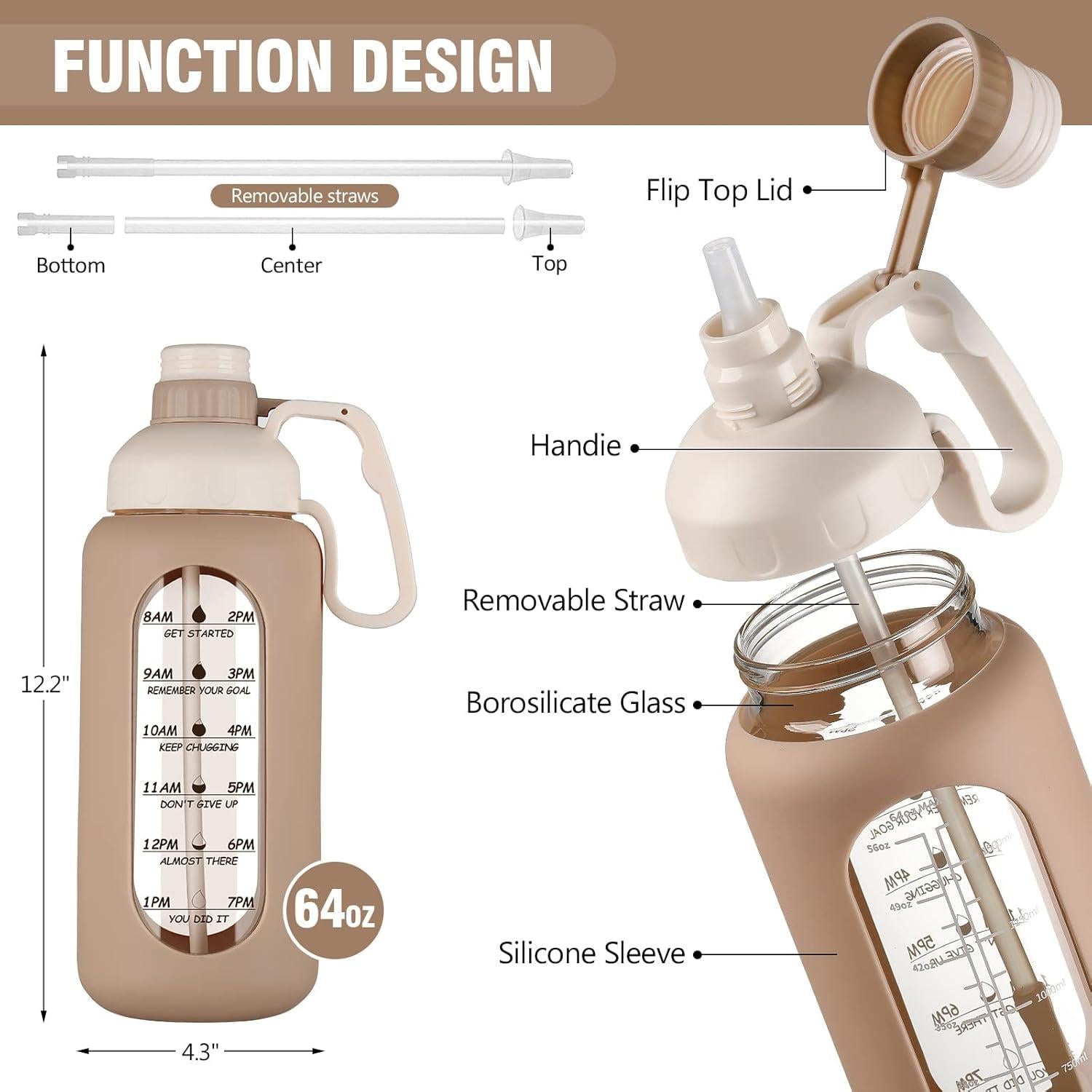 Botella de Agua de Vidrio MUKOKO 1.81L con Popote y Manga