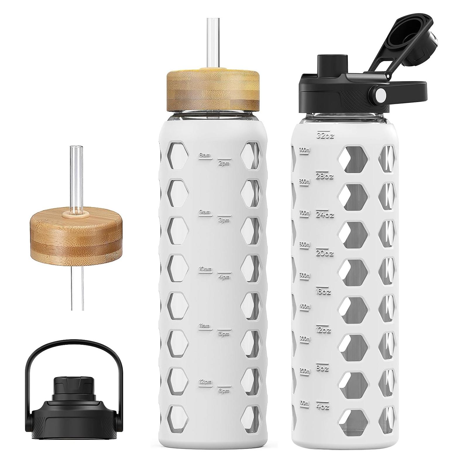 Botella de Agua de Vidrio MUKOKO 0.91L con 2 Tapas y Pajilla