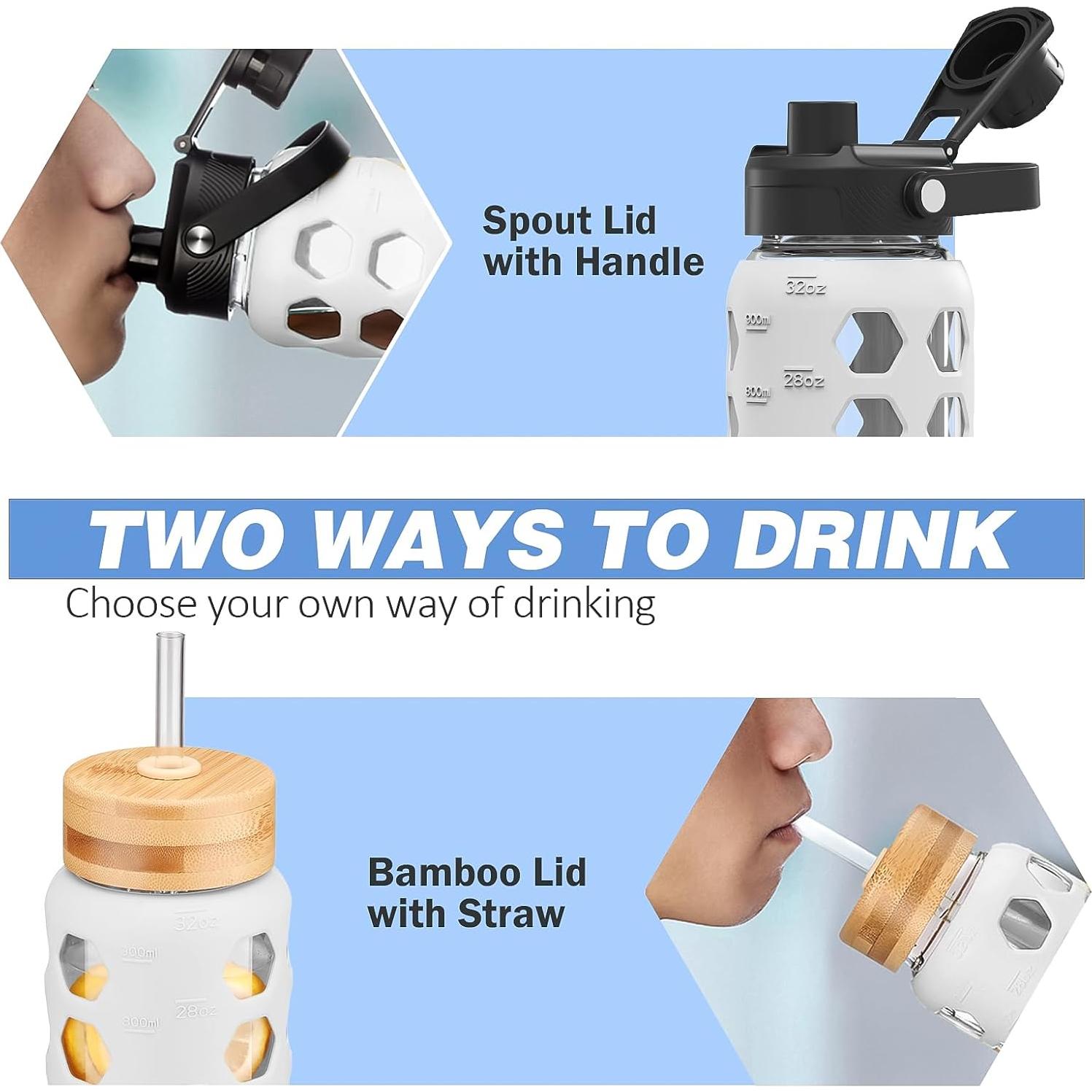 Botella de Agua de Vidrio MUKOKO 0.91L con 2 Tapas y Pajilla