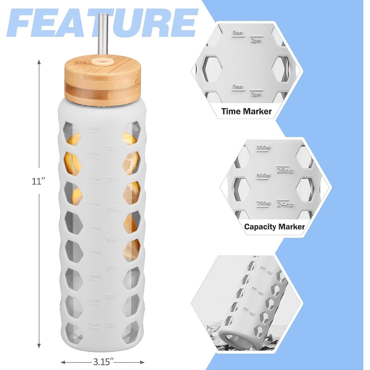 Botella de Agua de Vidrio MUKOKO 0.91L con 2 Tapas y Pajilla