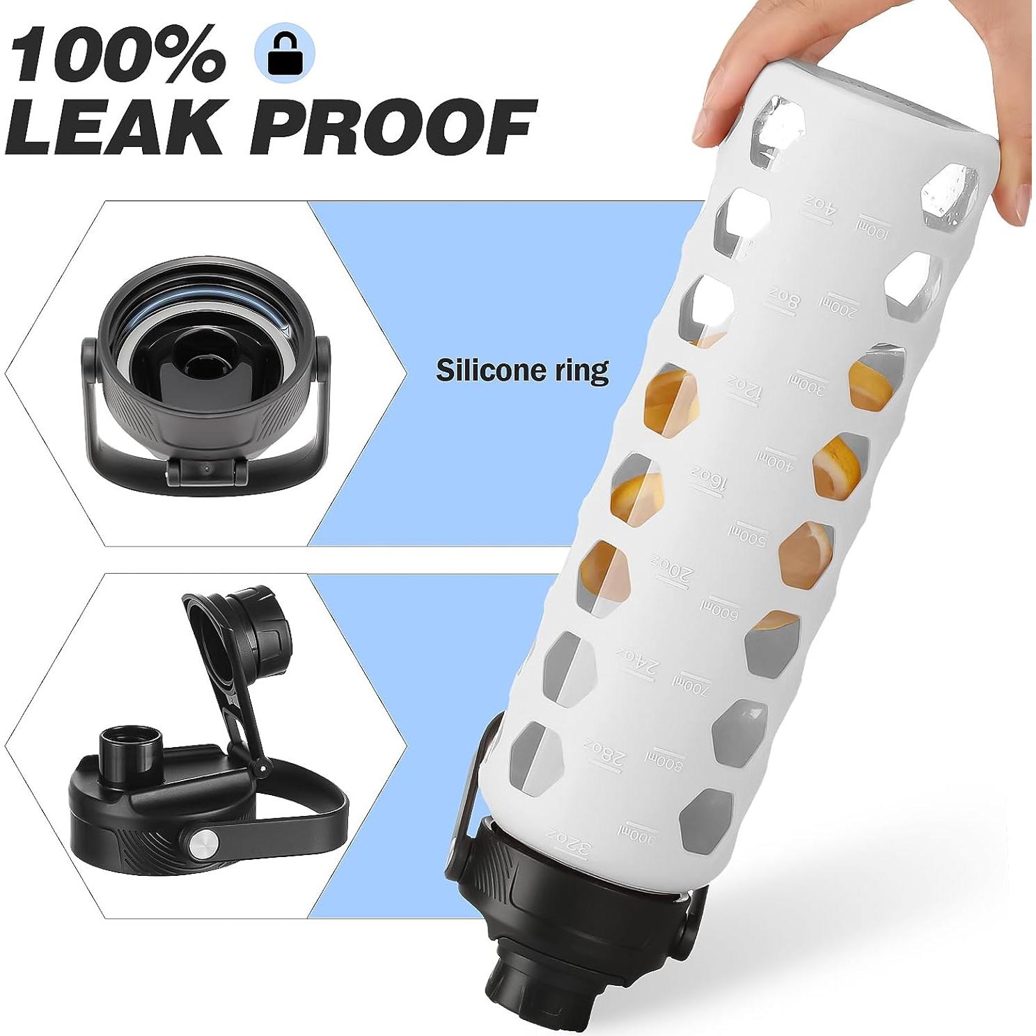 Botella de Agua de Vidrio MUKOKO 0.91L con 2 Tapas y Pajilla