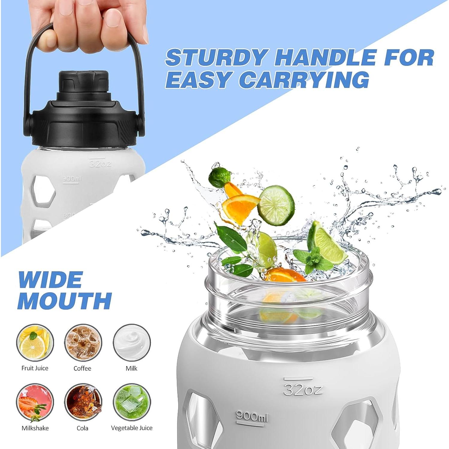 Botella de Agua de Vidrio MUKOKO 0.91L con 2 Tapas y Pajilla