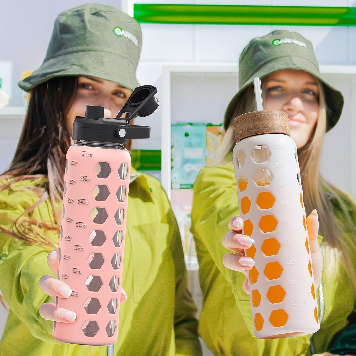 Botella de Agua de Vidrio MUKOKO 0.91L con 2 Tapas y Pajilla