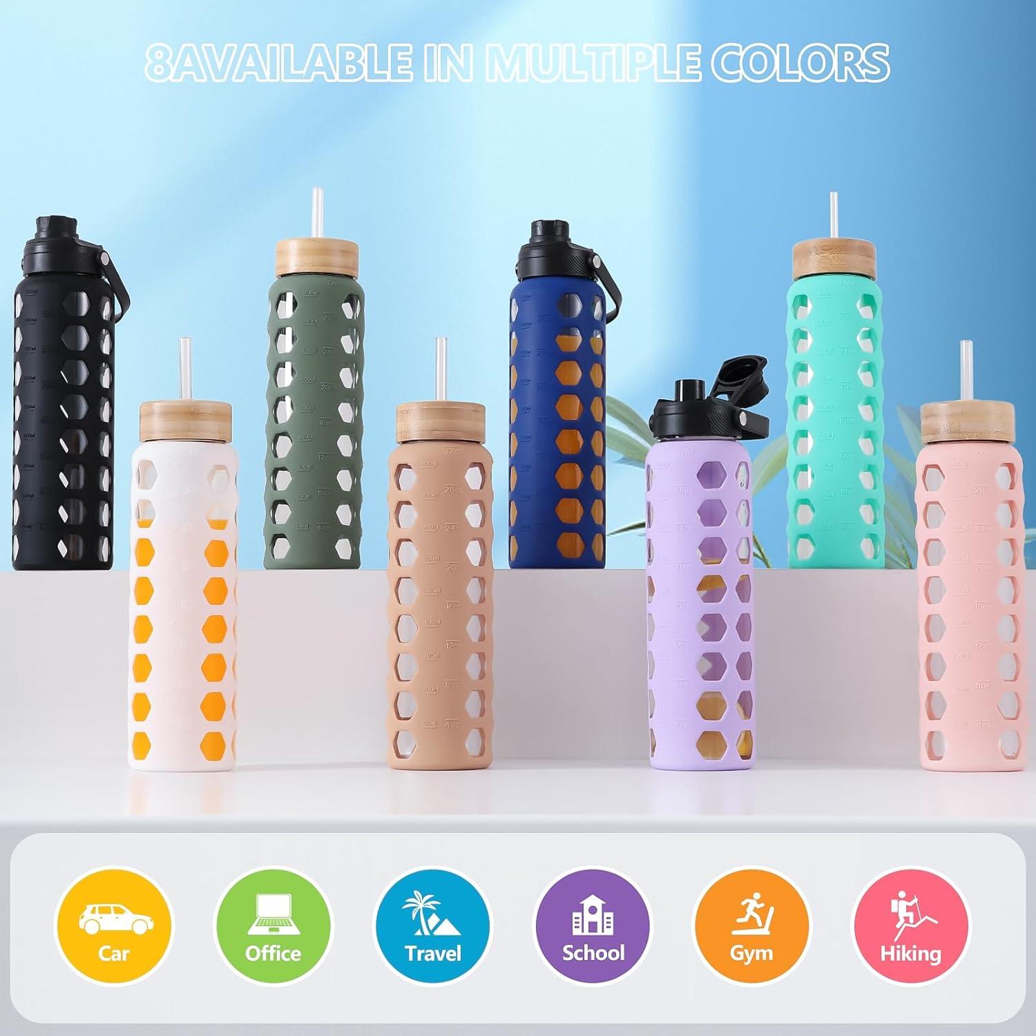 Botella de Agua de Vidrio MUKOKO 0.91L con 2 Tapas y Pajilla