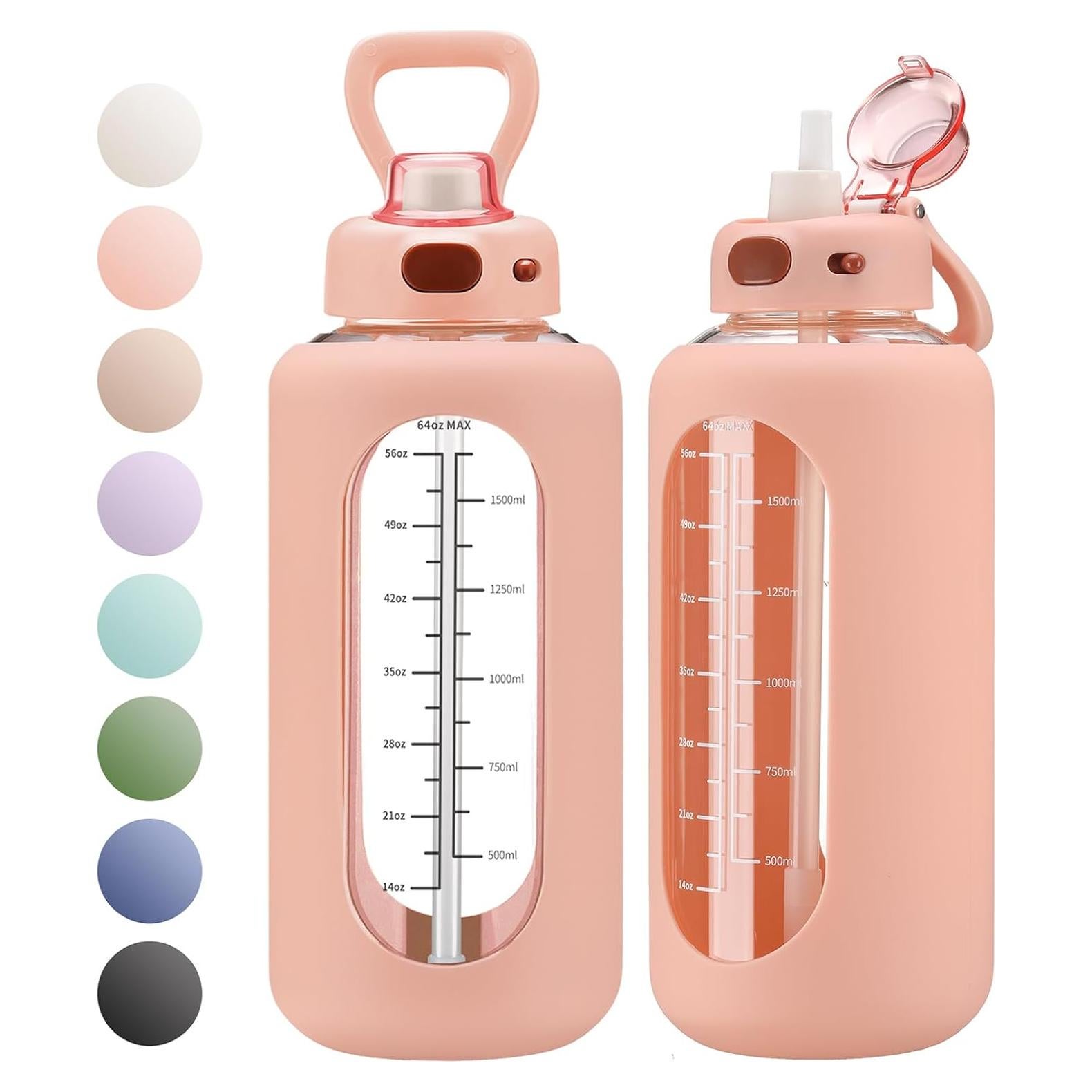 Botella de Agua de Vidrio SIEROZUR 1.81L con Pajilla Rosa