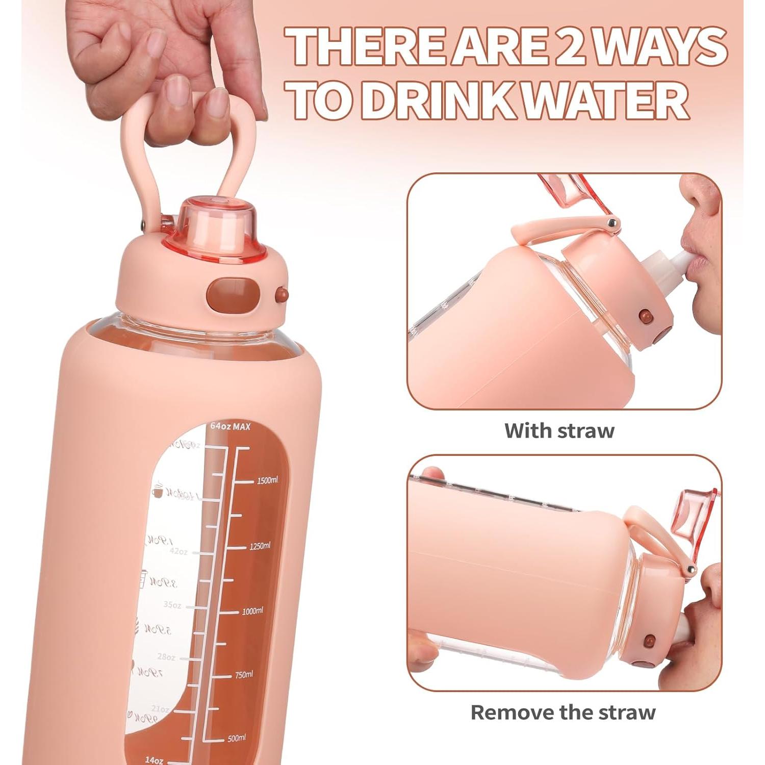 Botella de Agua de Vidrio SIEROZUR 1.81L con Pajilla Rosa