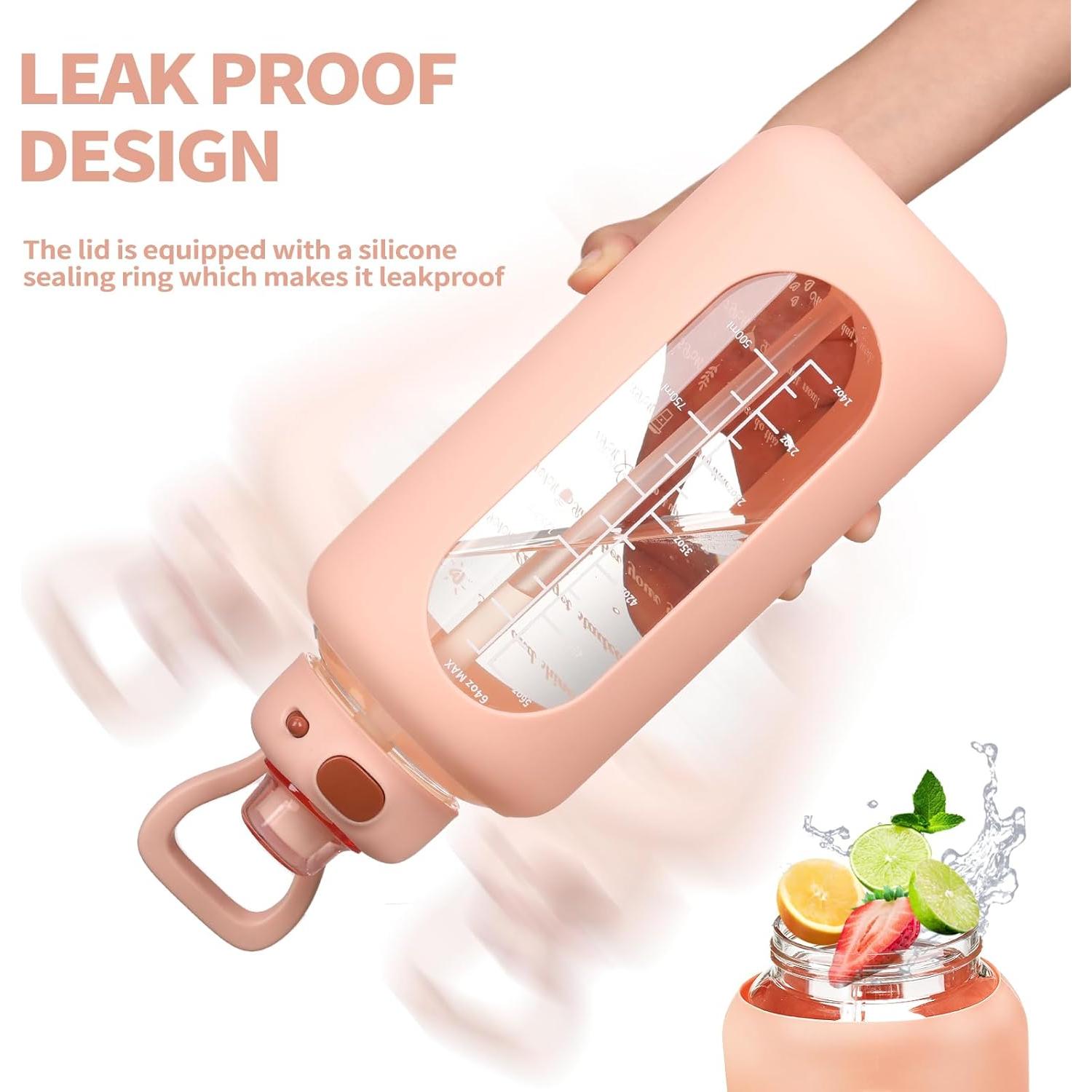 Botella de Agua de Vidrio SIEROZUR 1.81L con Pajilla Rosa