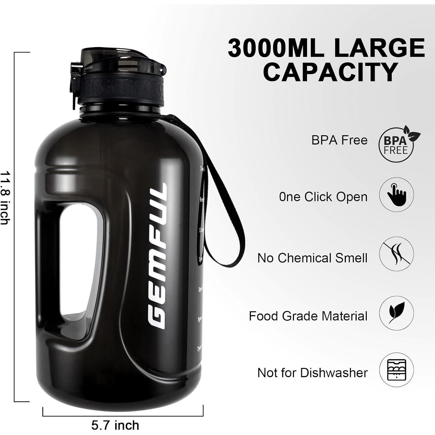 Botella de Agua GEMFUL 3L con Pajilla y Marcador de Tiempo