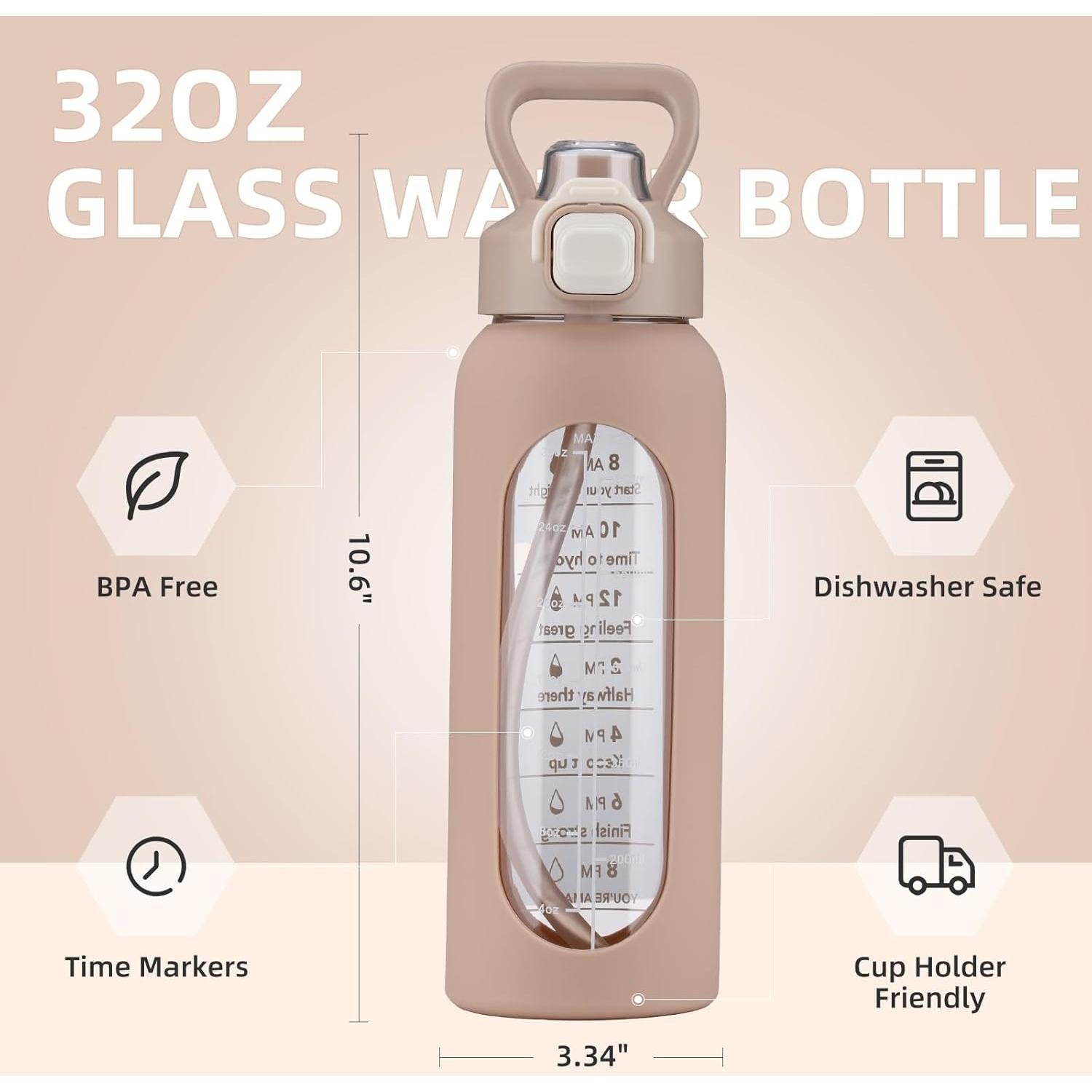 Botella de Agua de Vidrio SIEROZUR 946 ml con Pajilla y Asa