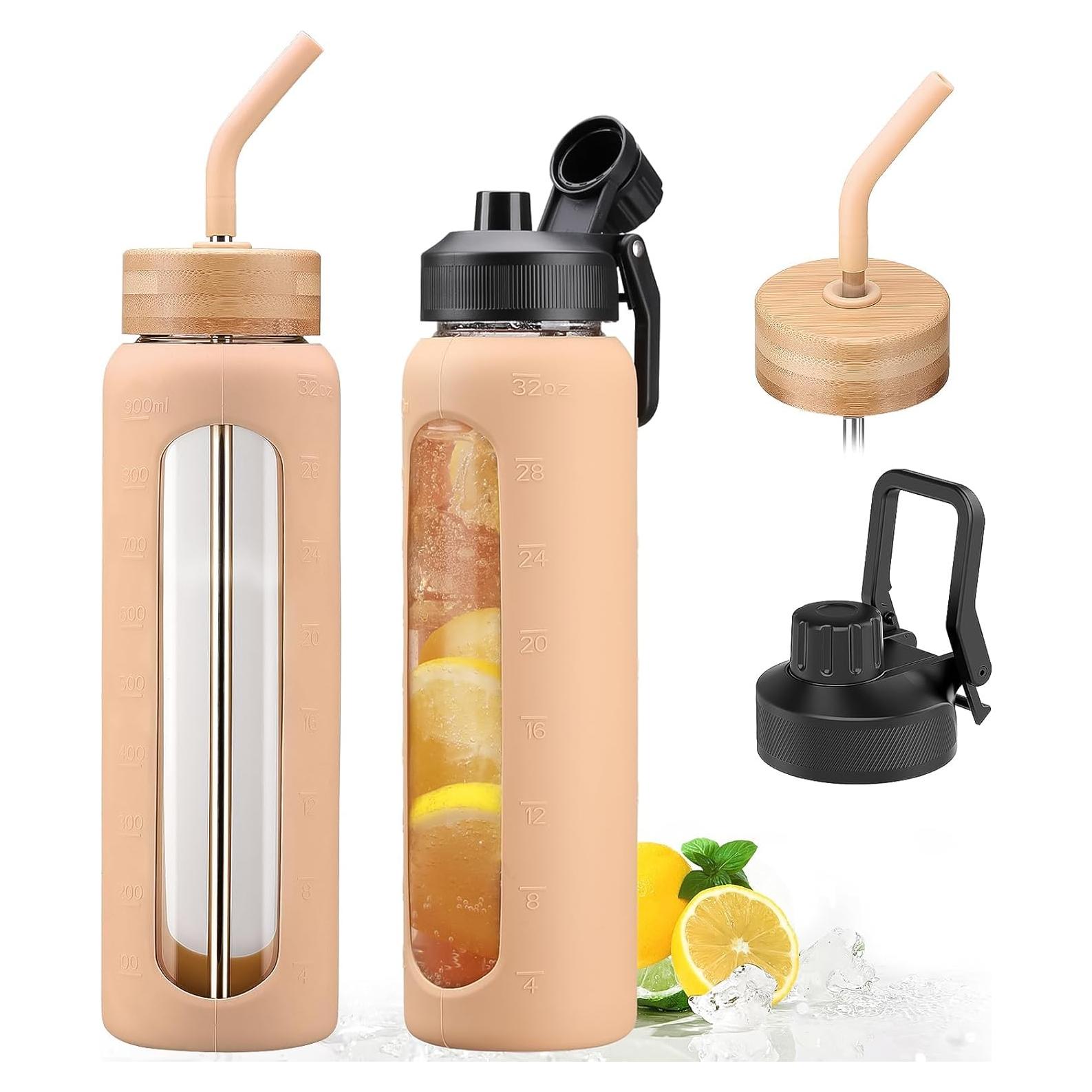 Botella de Agua de Vidrio 32oz NOLOGLAZIC con 2 Tapas y Soporte