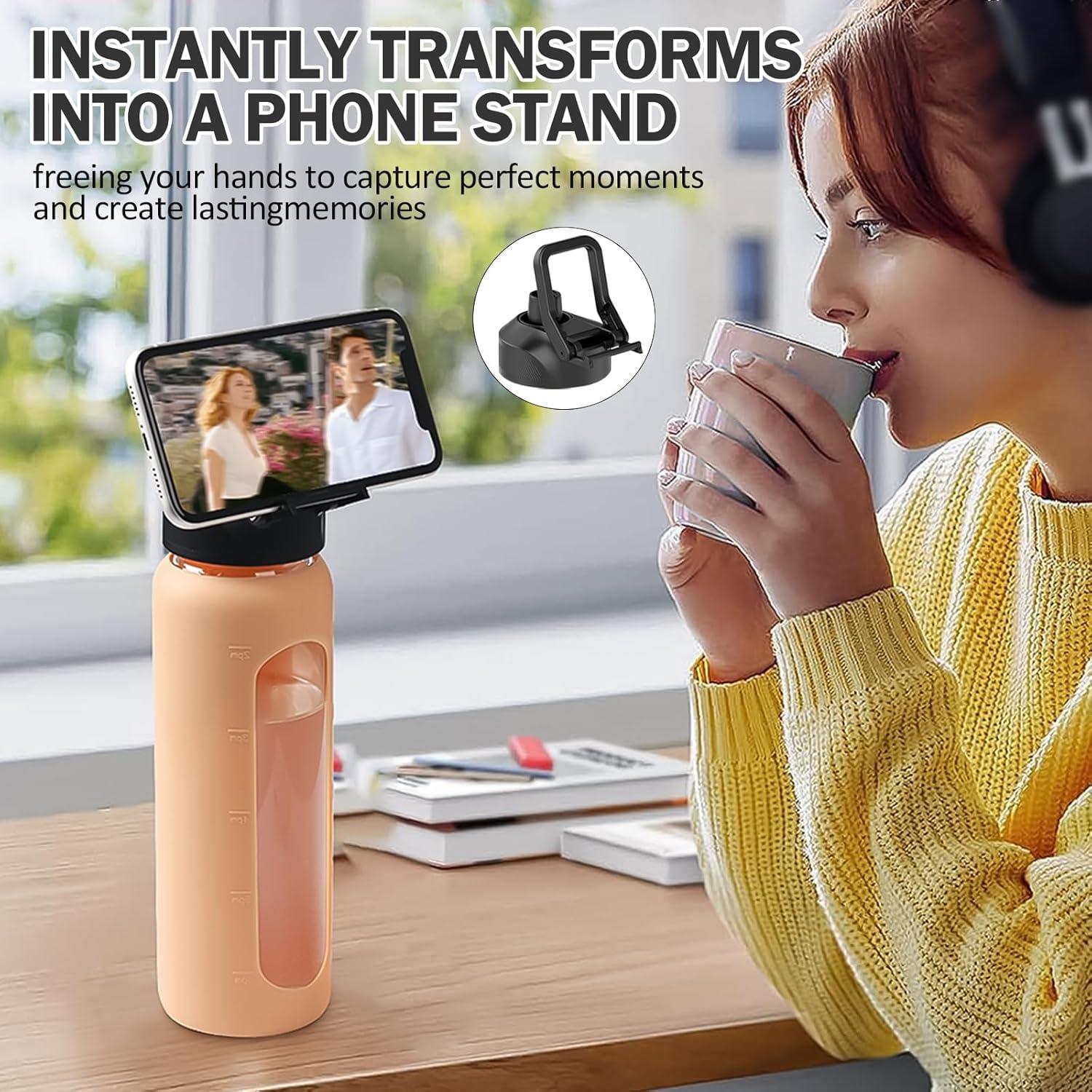 Botella de Agua de Vidrio 32oz NOLOGLAZIC con 2 Tapas y Soporte